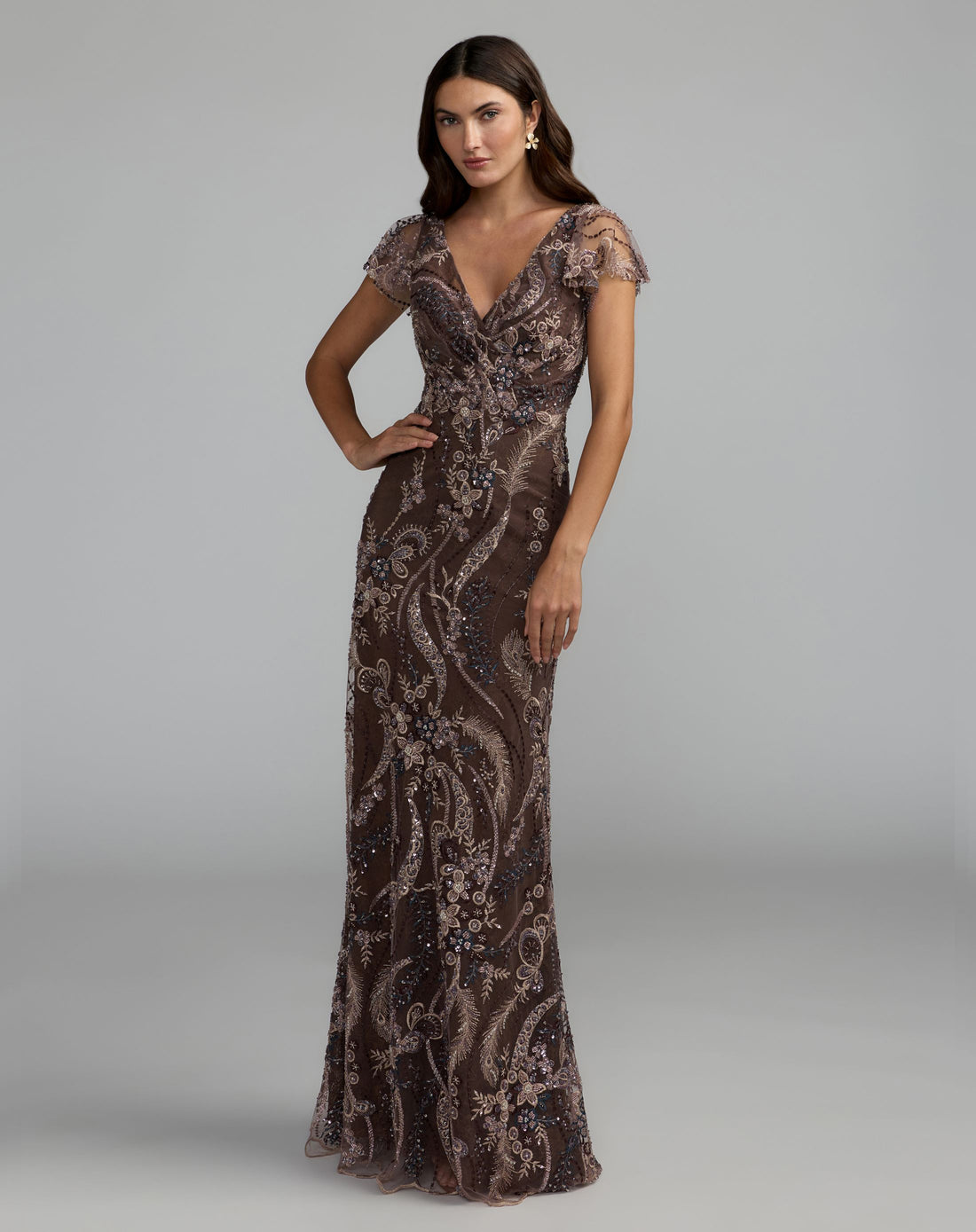 Brown V Neck Flutter Sleeve Embroidered Lace Gown - Mac Duggal