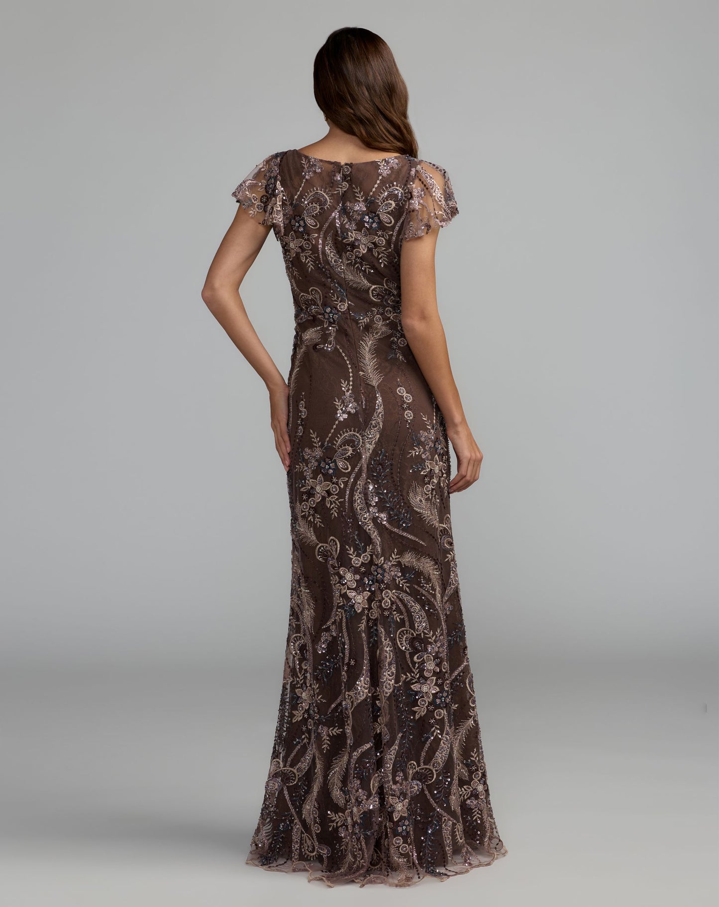 Brown V Neck Flutter Sleeve Embroidered Lace Gown - Mac Duggal
