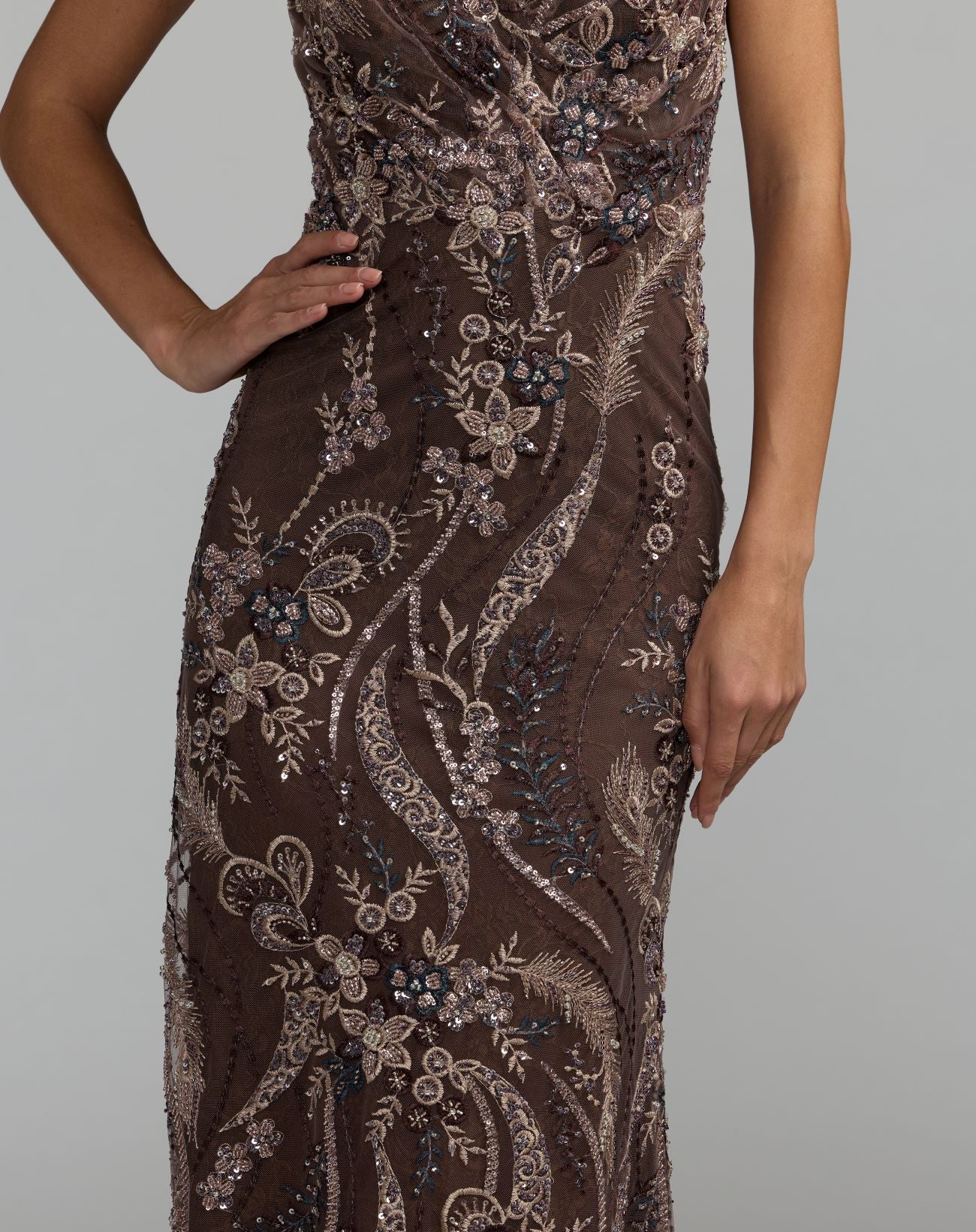 Brown V Neck Flutter Sleeve Embroidered Lace Gown - Mac Duggal