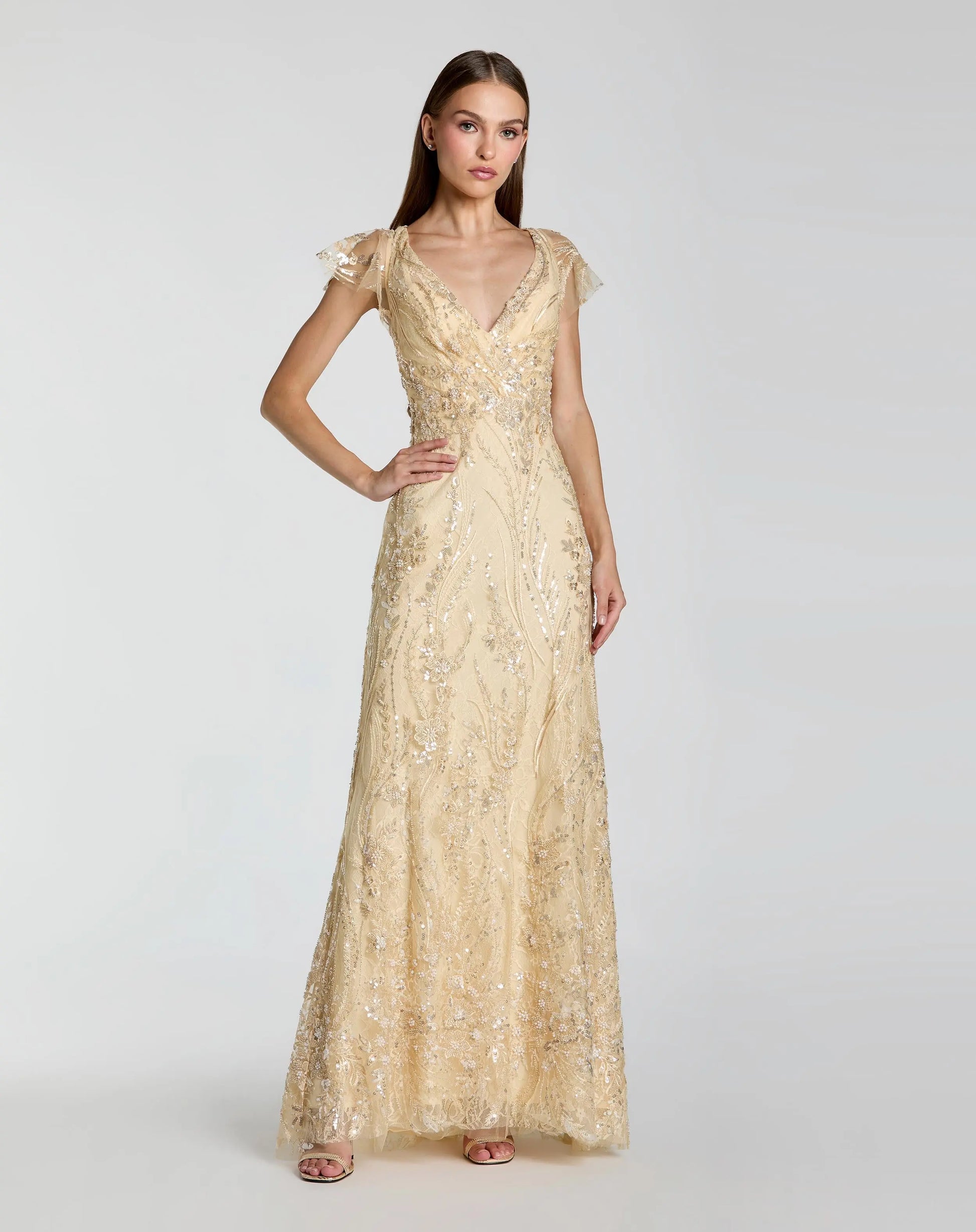 Gold V Neck Flutter Sleeve Embroidered Lace Gown Mac Duggal