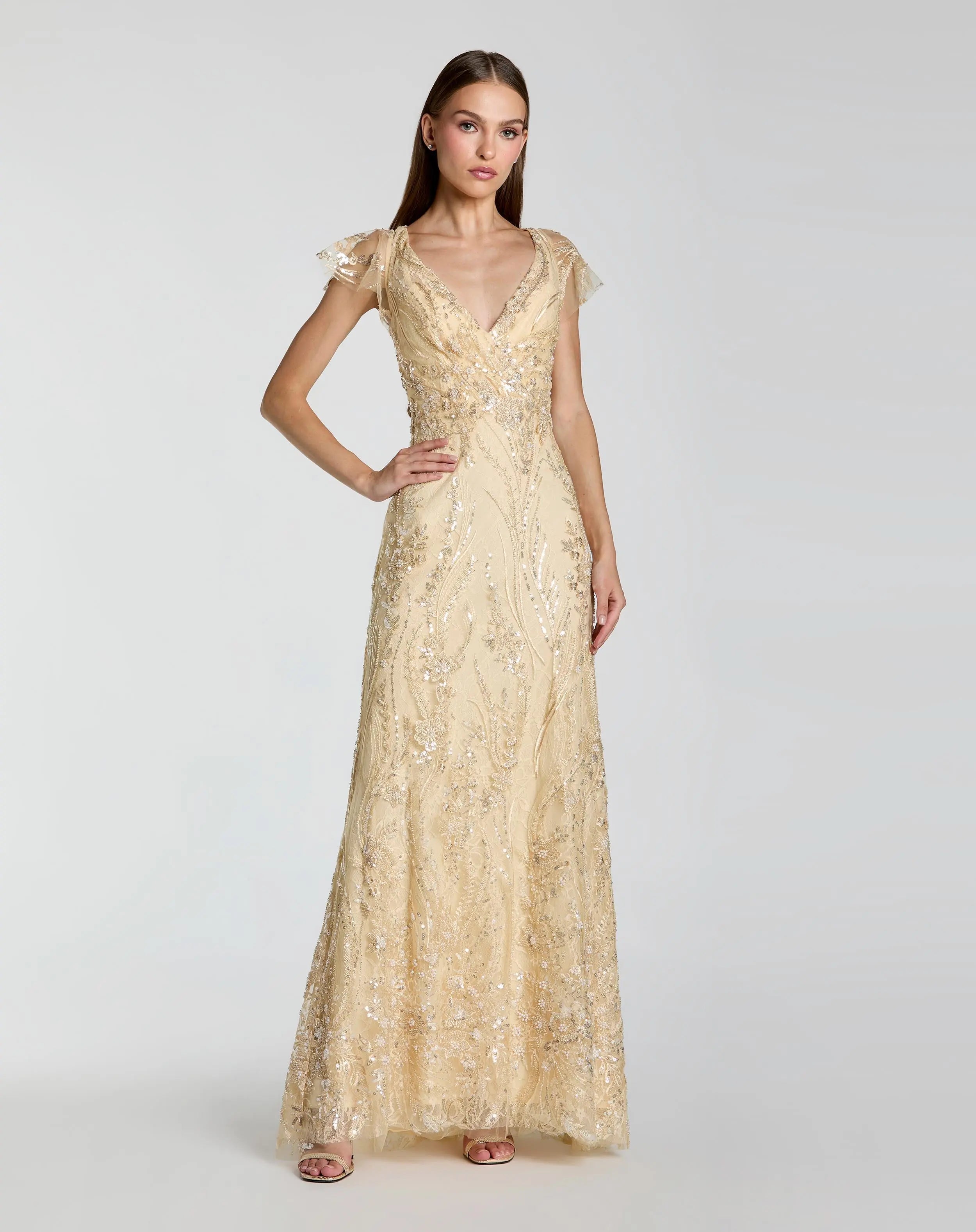 Gold V Neck Flutter Sleeve Embroidered Lace Gown Mac Duggal