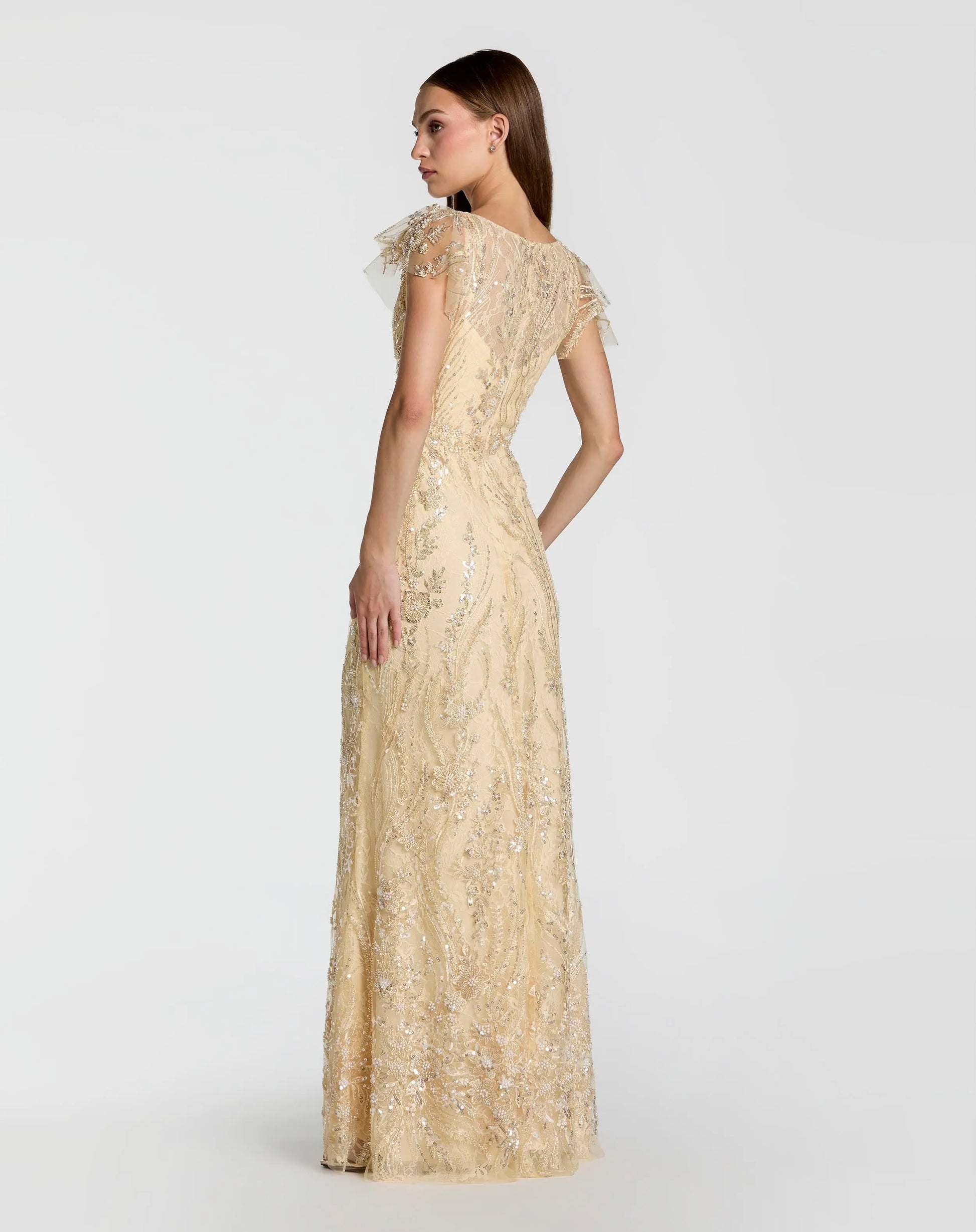 Gold V Neck Flutter Sleeve Embroidered Lace Gown Mac Duggal