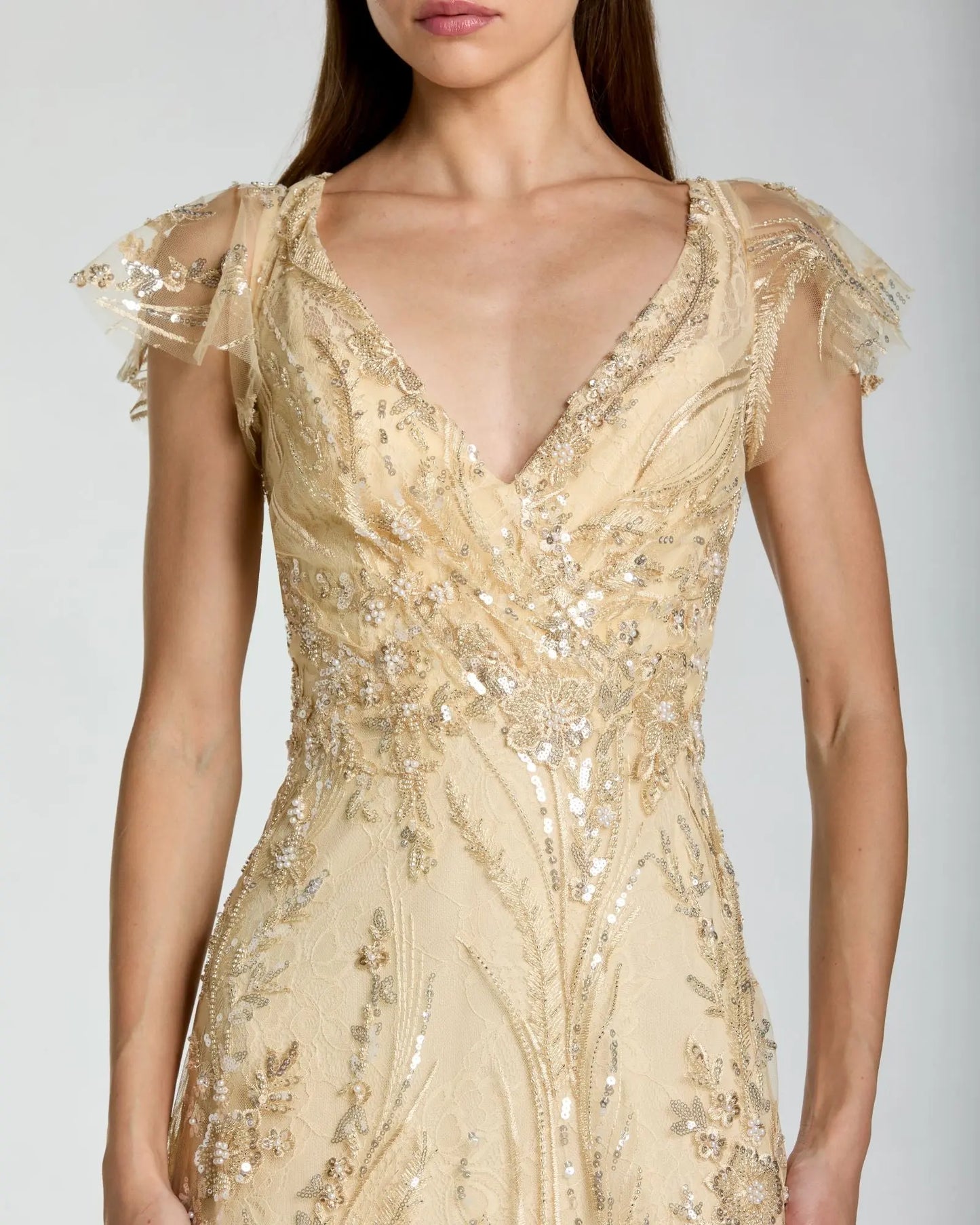 Gold V Neck Flutter Sleeve Embroidered Lace Gown Mac Duggal