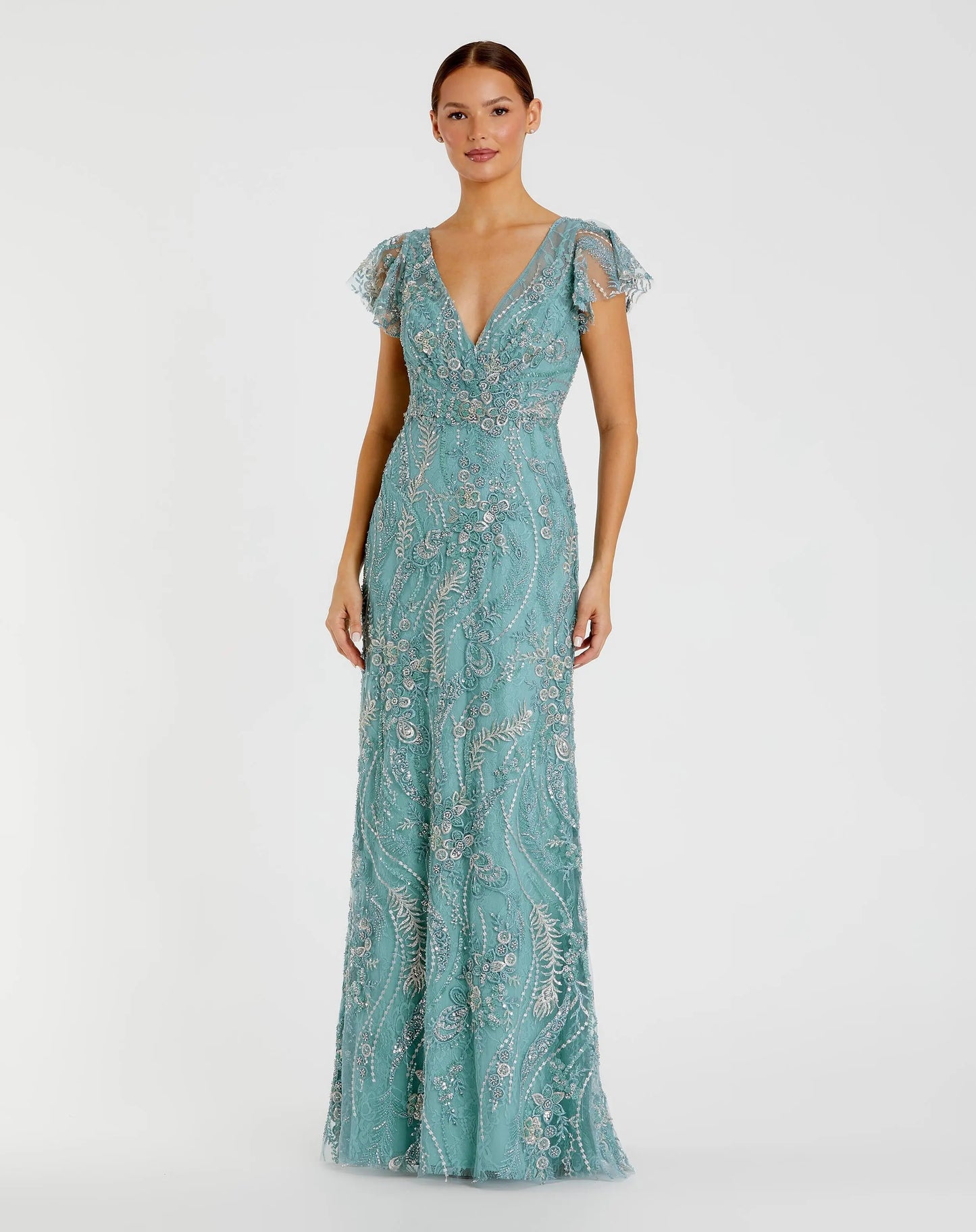 Blue V Neck Flutter Sleeve Embroidered Lace Gown - Mac Duggal