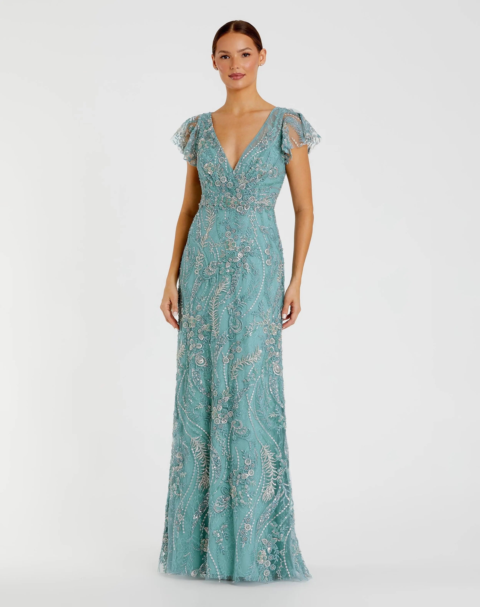 mac duggal flutter-sleeve v-neck maxi dress Gold V Neck Flutter Sleeve Embroidered Lace Gown