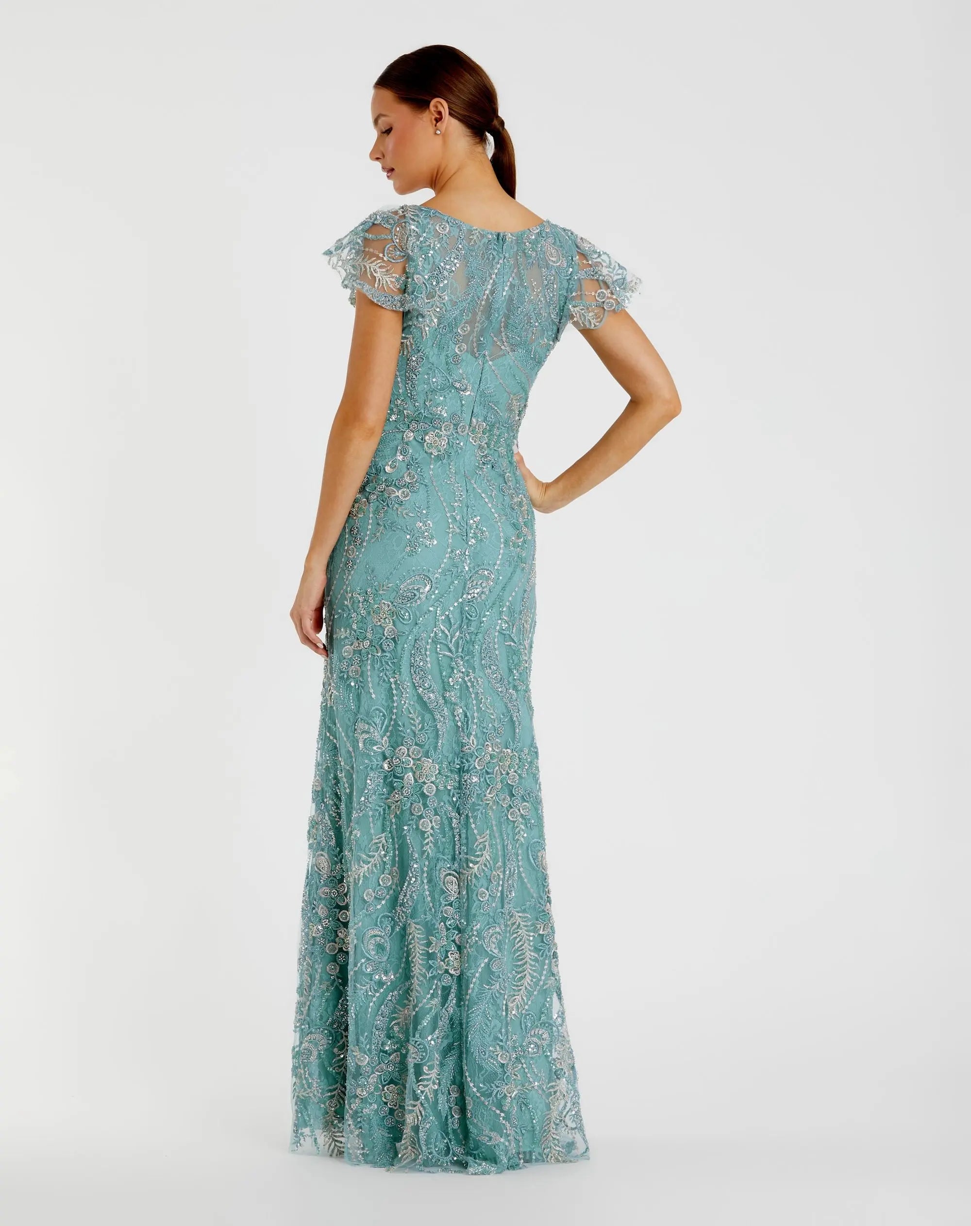 Blue V Neck Flutter Sleeve Embroidered Lace Gown - Mac Duggal