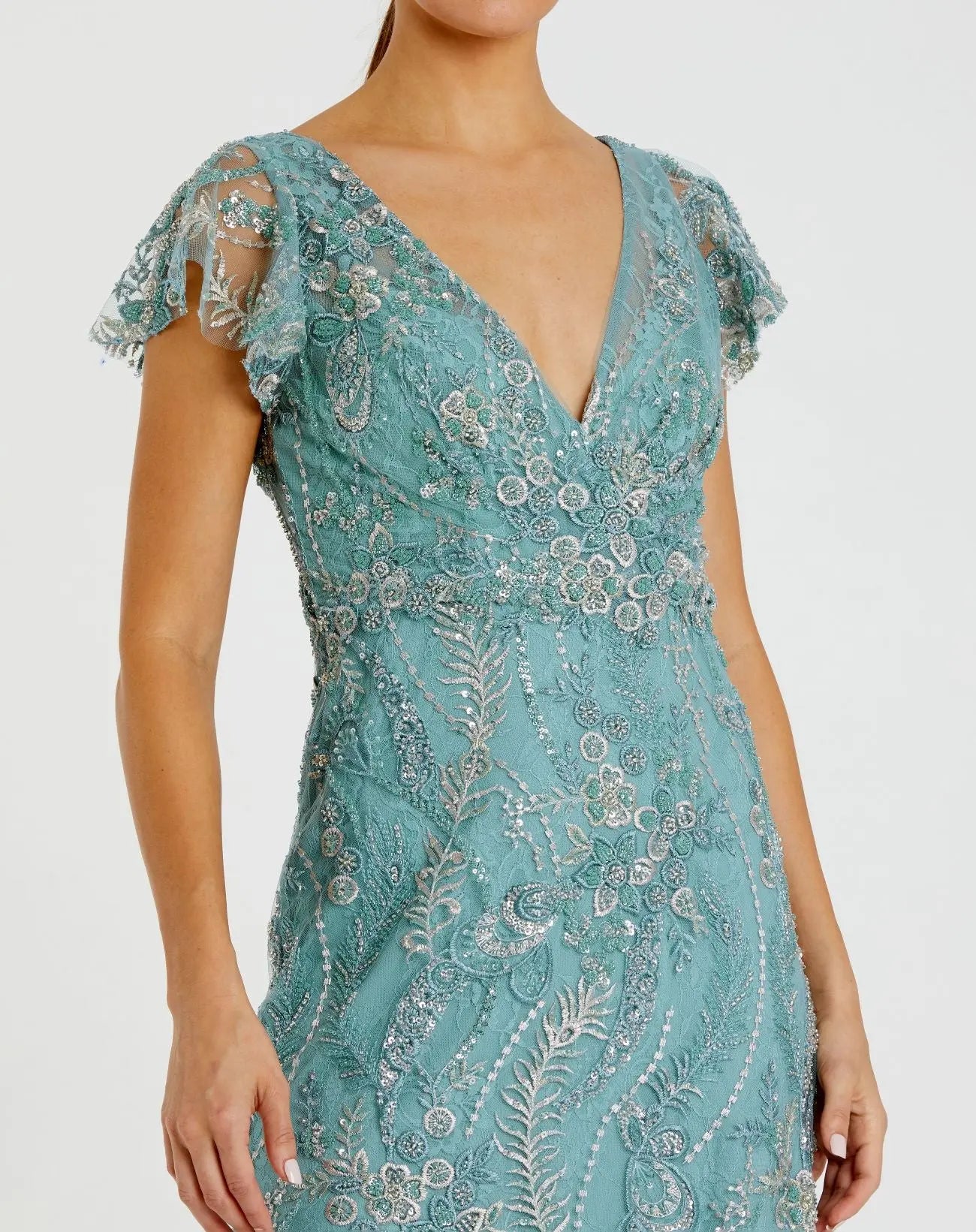 Blue V Neck Flutter Sleeve Embroidered Lace Gown - Mac Duggal