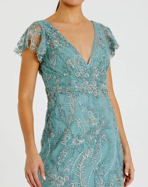 Blue Petite V Neck Flutter Sleeve Floral Embroidered Gown Mac Duggal