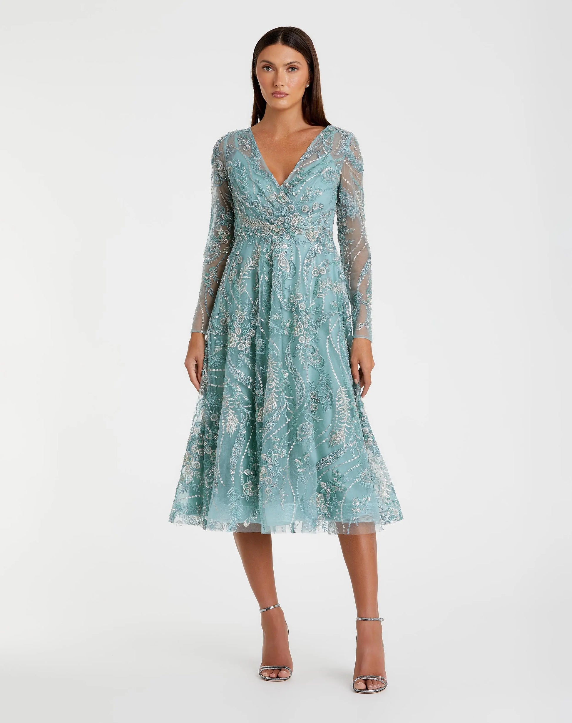 Blue Embellished Long Sleeve V-Neck Midi Dress Blue Embellished Long Sleeve V-Neck Midi Dress