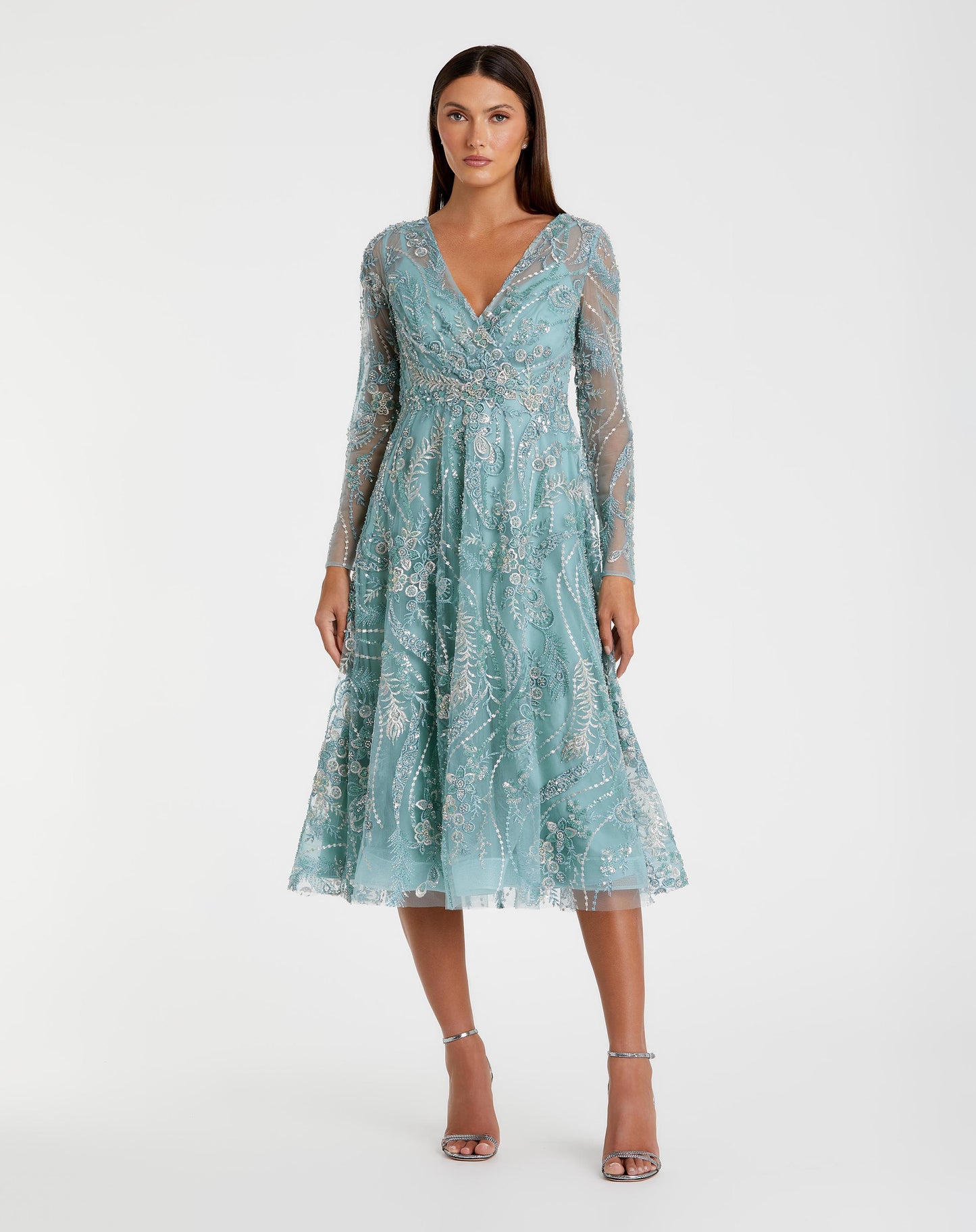 Blue Embellished Long-Sleeve V-Neck Midi Dress Mac Duggal