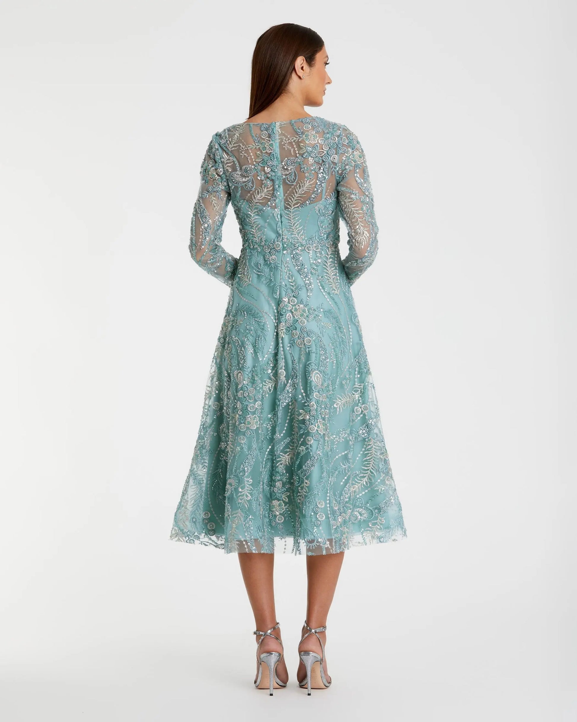 Mac Duggal Floral Embroidered V Neck Long Sleeve Midi Dress, Womens, 12, Seafoam Mac Duggal Floral Embroidered V Neck Long Sleeve Midi Dress, Womens, 12, Seafoam