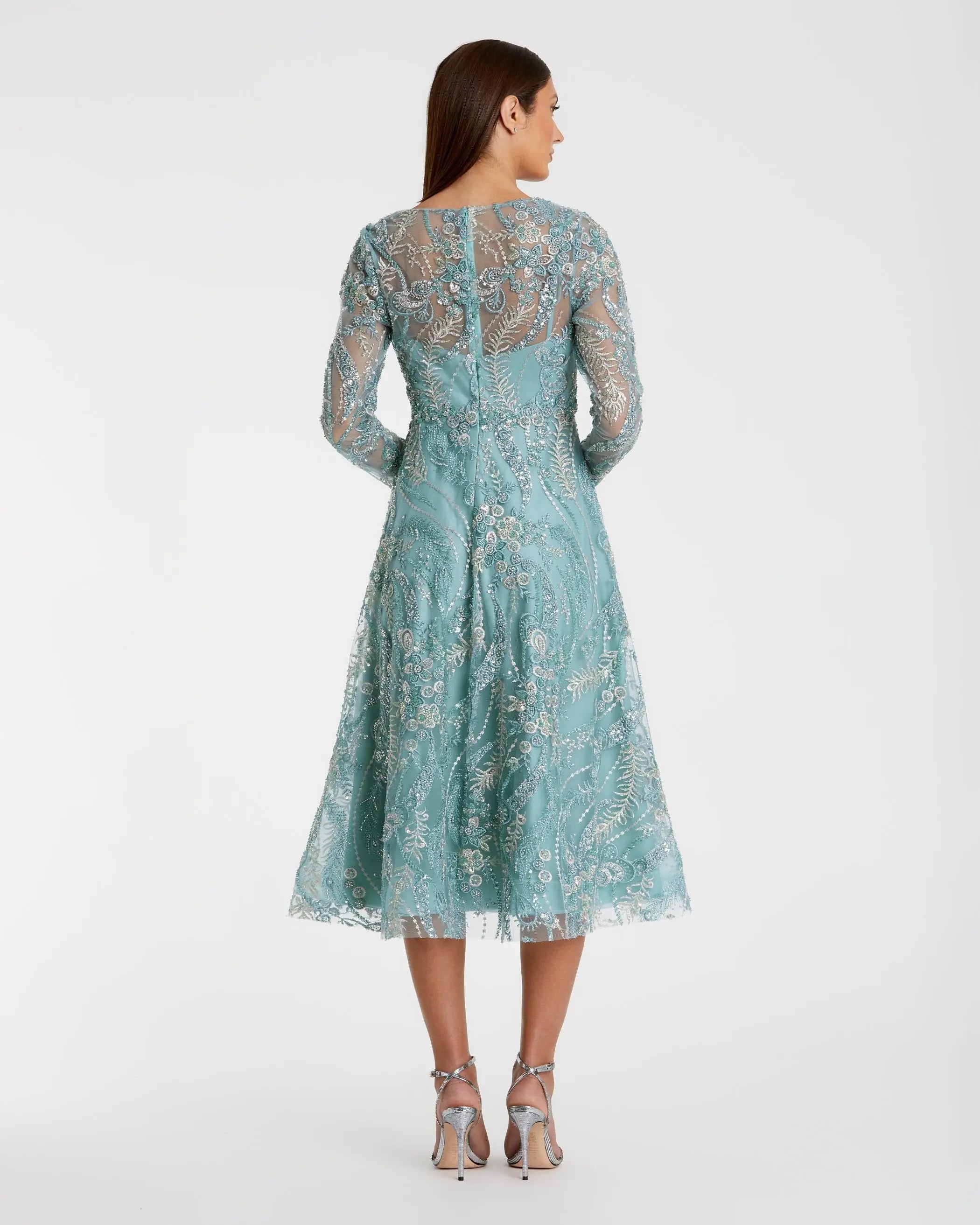 Blue Embellished Long-Sleeve V-Neck Midi Dress Mac Duggal