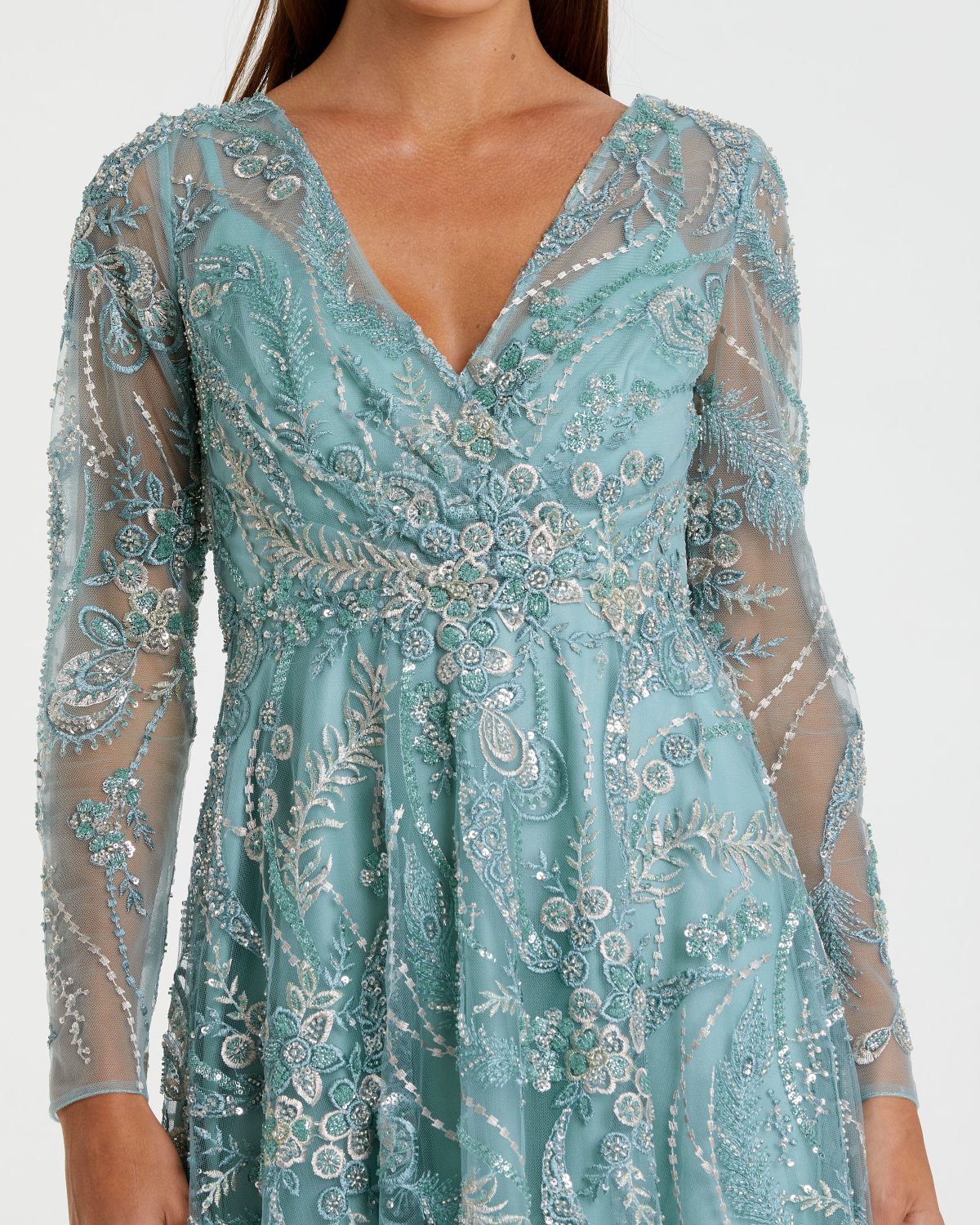 Blue Embellished Long-Sleeve V-Neck Midi Dress