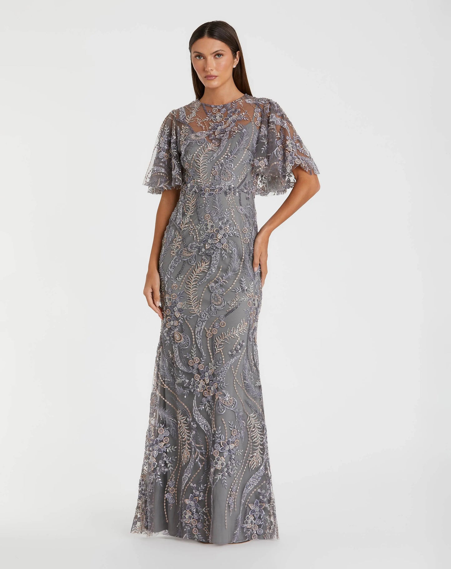 Gray High Neck Flutter Sleeve Embroidered Gown - Mac Duggal
