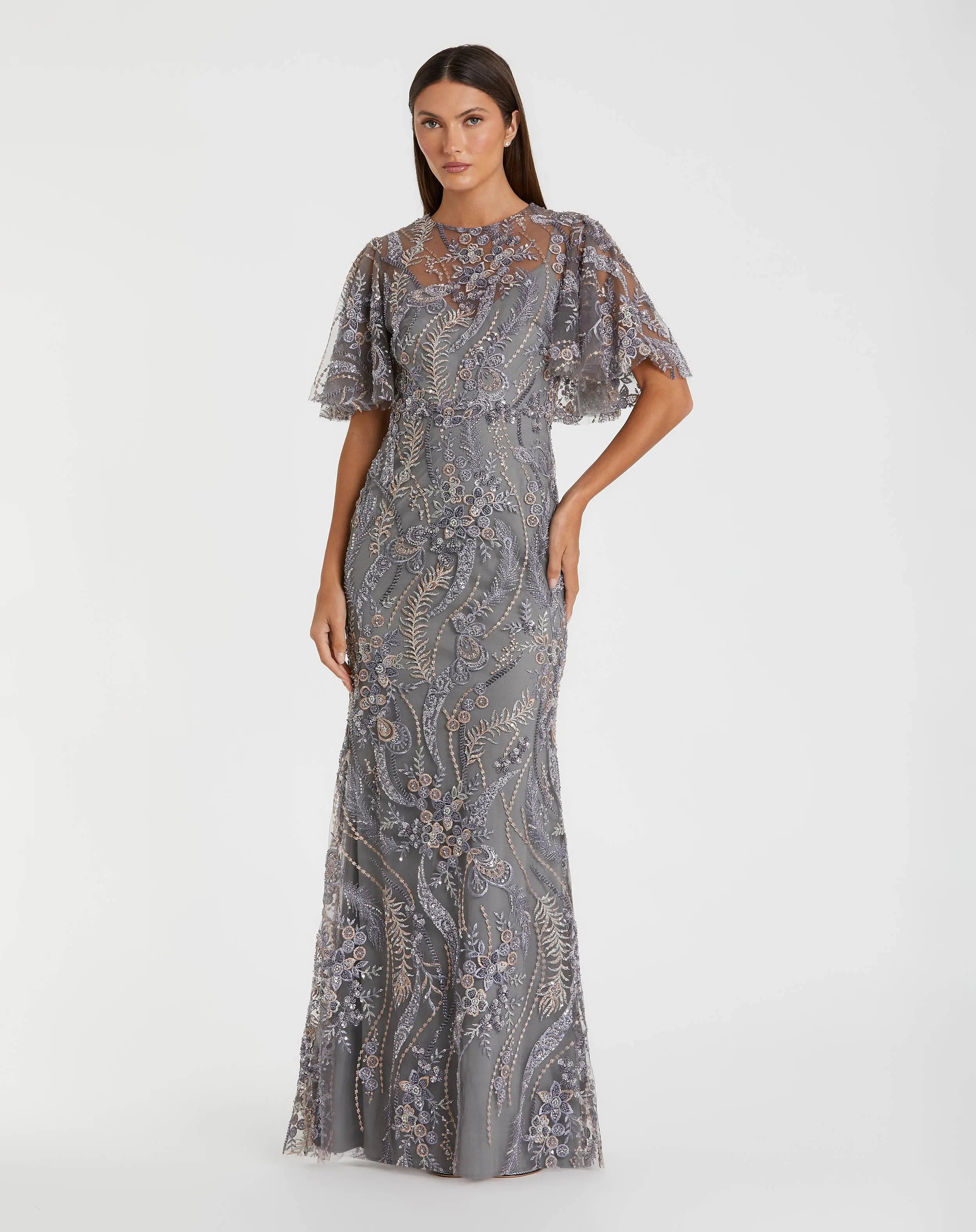 Gray High Neck Flutter Sleeve Embroidered Gown - Mac Duggal