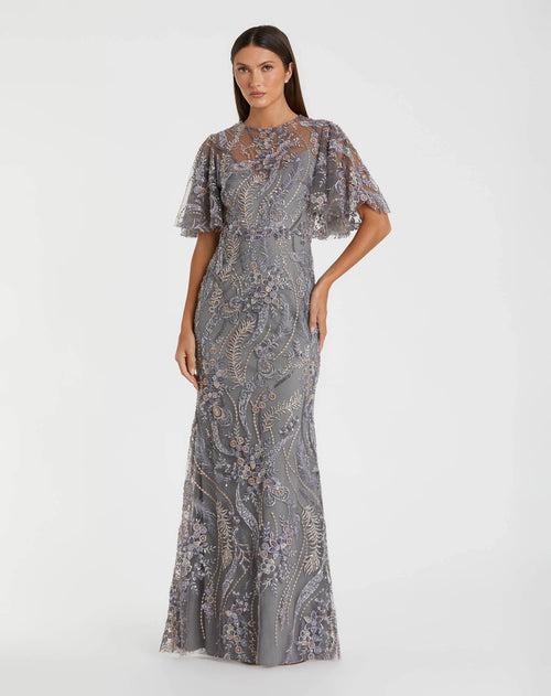 Gray High Neck Flutter Sleeve Embroidered Gown - Mac Duggal