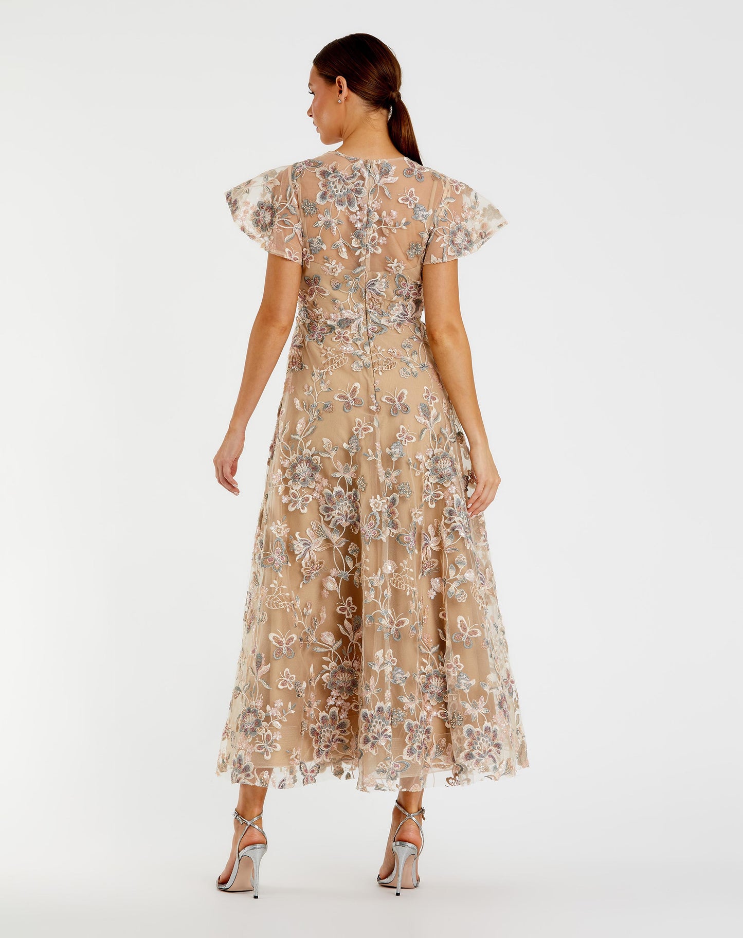 Beige Flutter Sleeve Butterfly Embroidered Maxi Dress - Mac Duggal