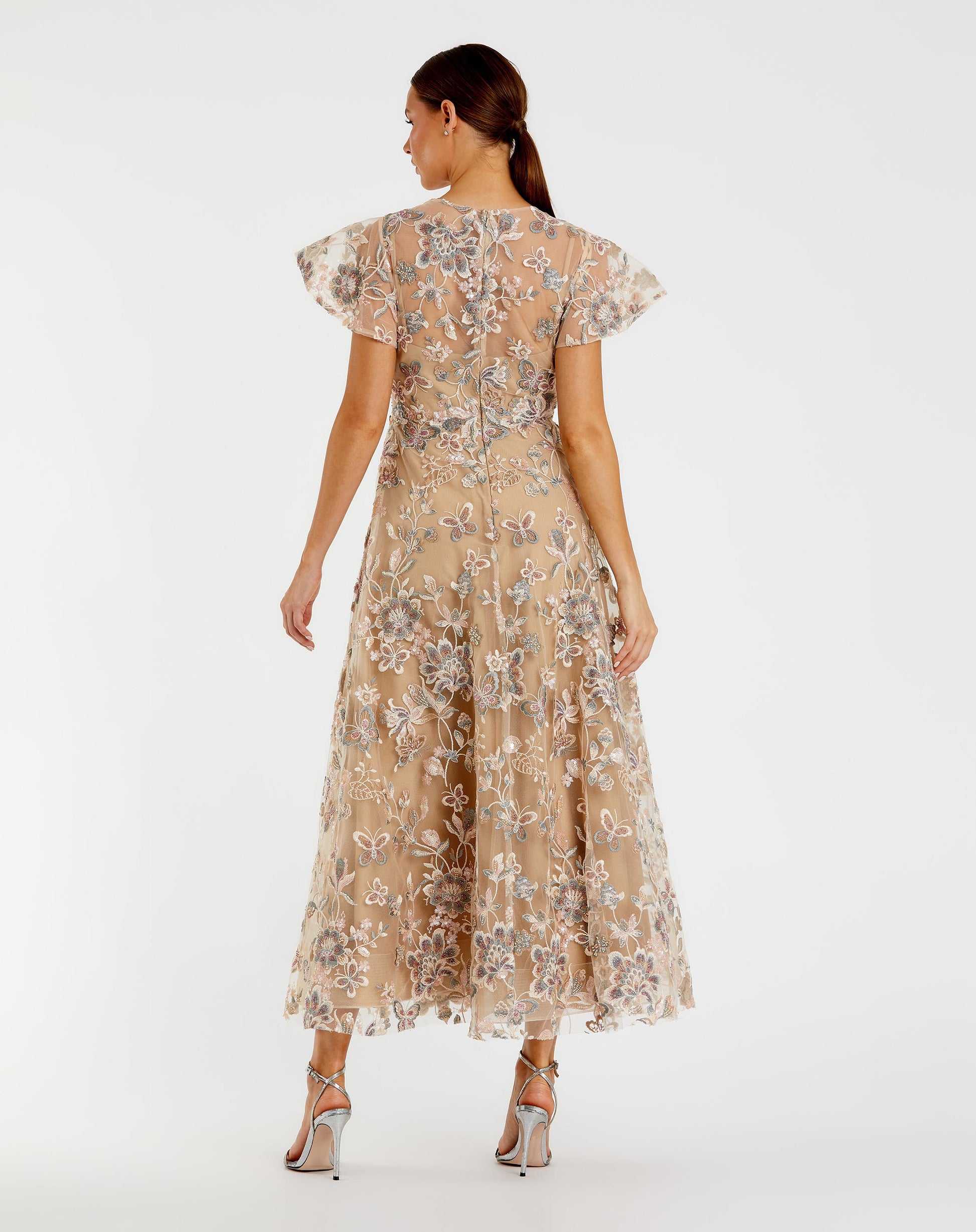 Beige Flutter Sleeve Butterfly Embroidered Maxi Dress - Mac Duggal