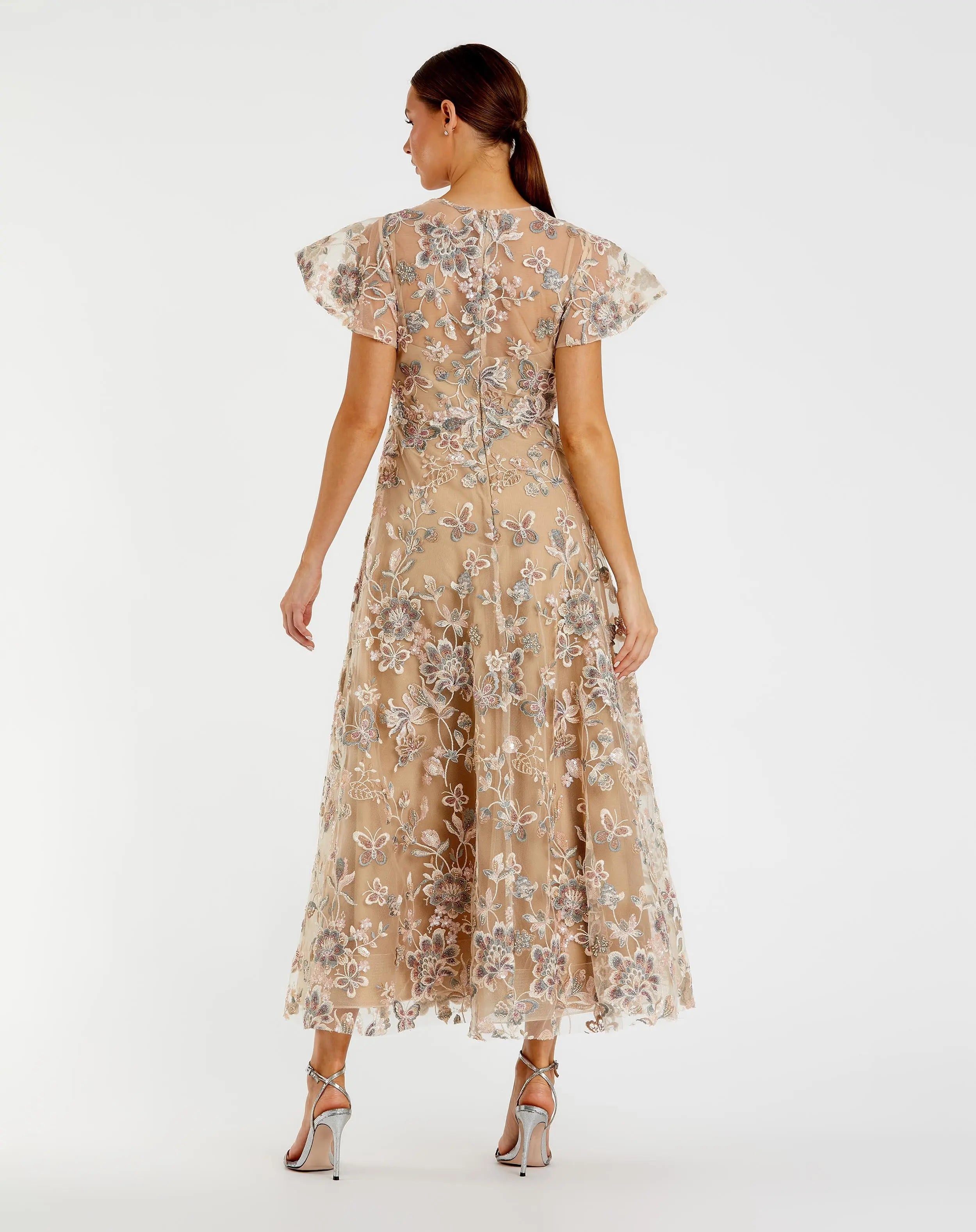 Beige Flutter Sleeve Butterfly Embroidered Maxi Dress - Mac Duggal