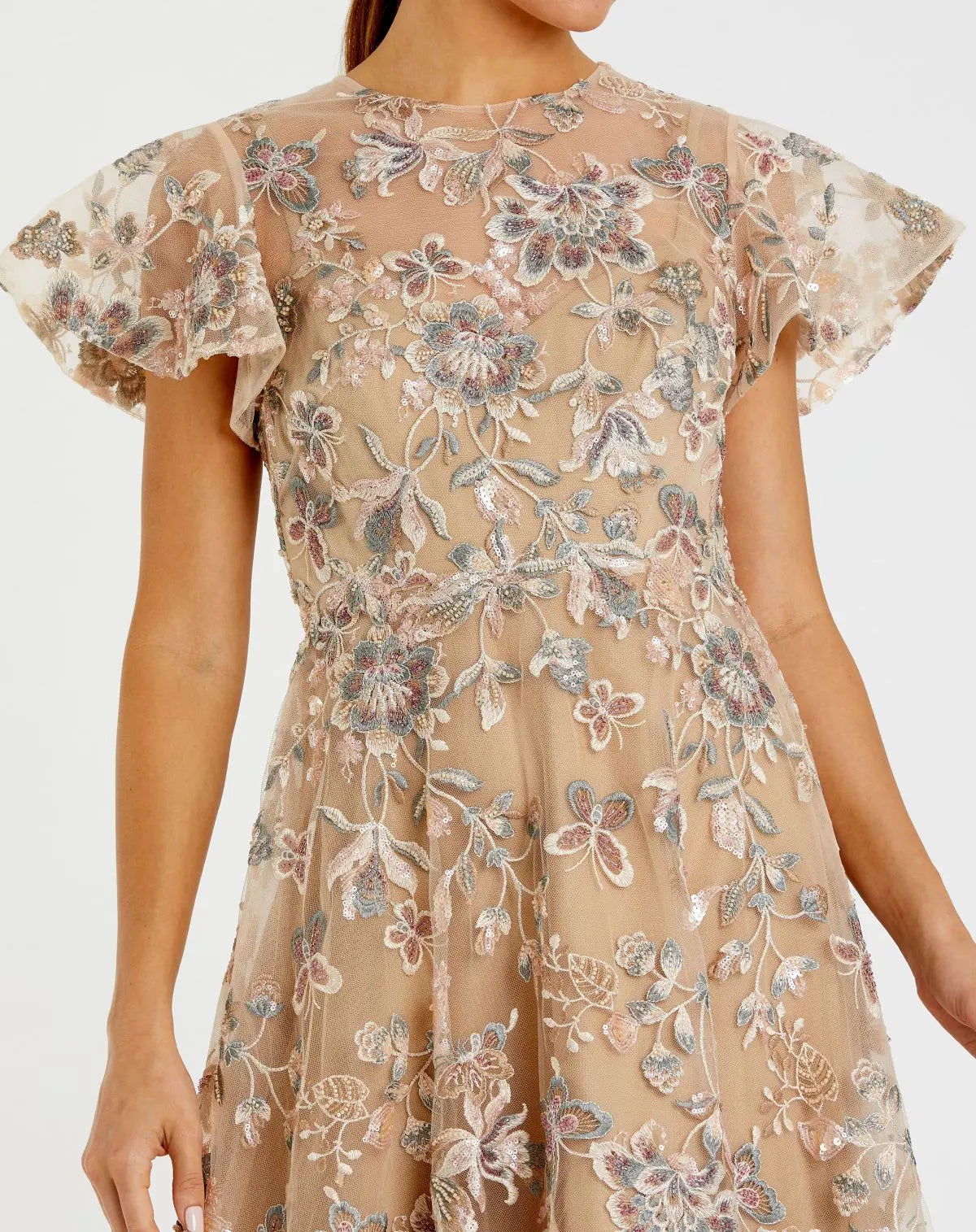Mac Duggal Women's Embroidered Floral Mesh A-Line Midi Dress - Nude Mac Duggal Women's Embroidered Floral Mesh A-Line Midi Dress - Nude