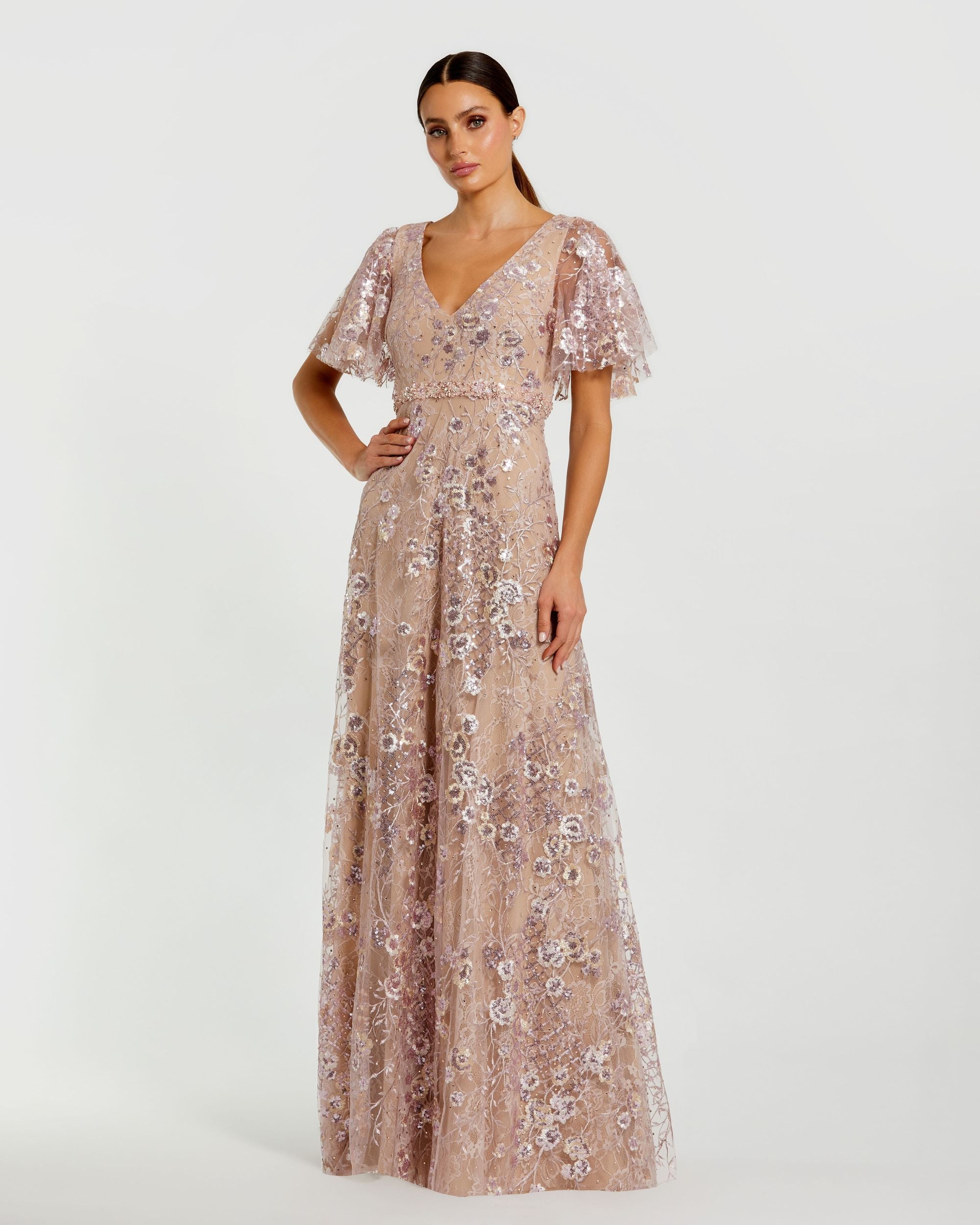 Pink Lace Embellished Flutter Sleeve A-Line Gown