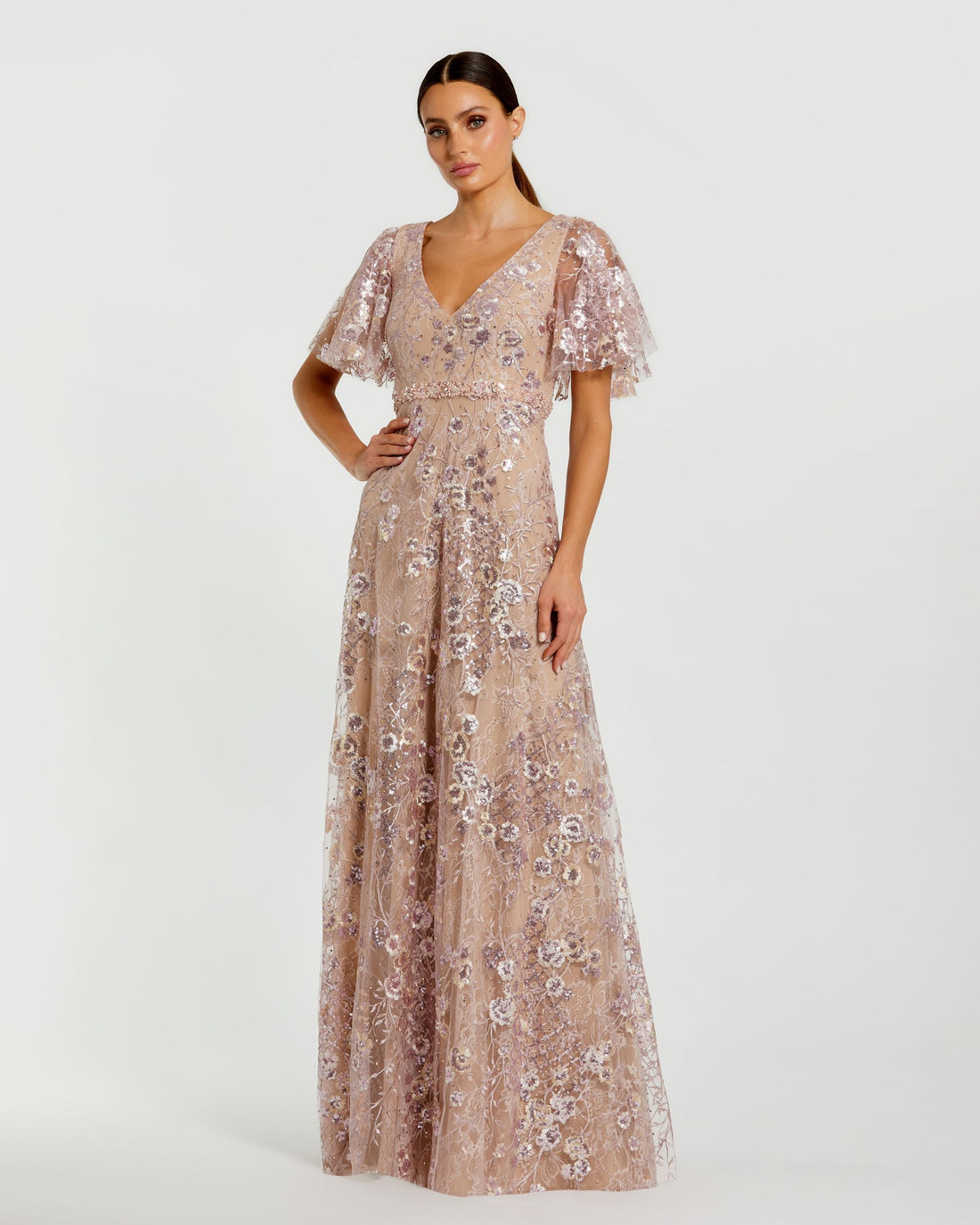 Pink Lace Embellished Flutter Sleeve A-Line Gown