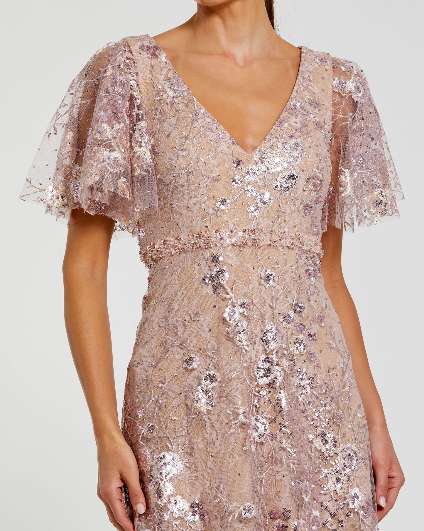 Pink Lace Embellished Flutter Sleeve A-Line Gown