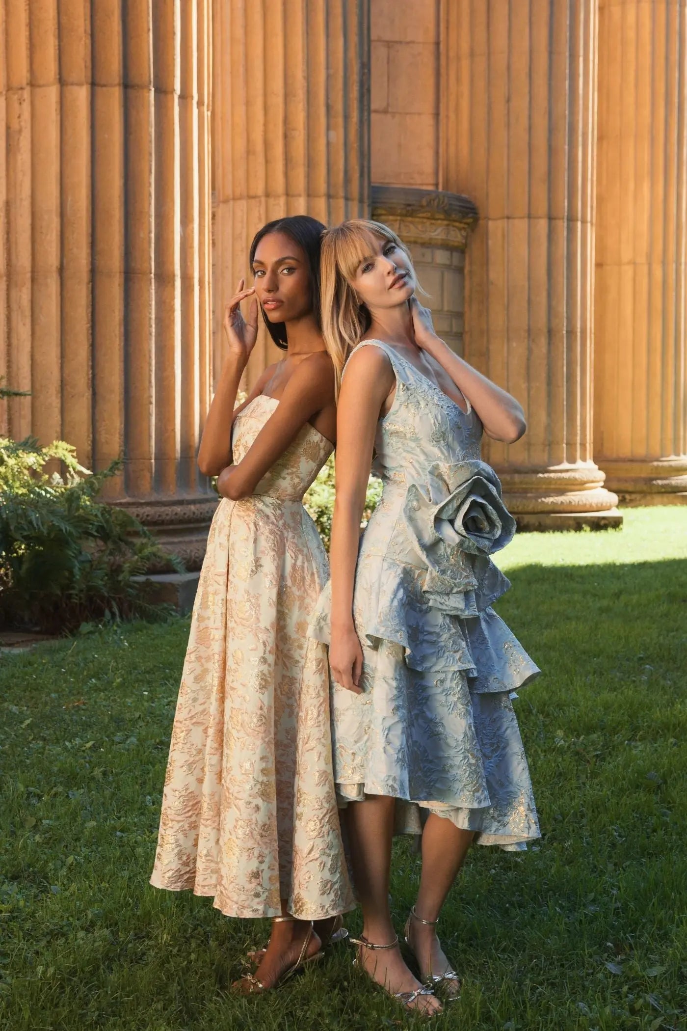 Pink and White Strapless Floral Brocade A Line Midi Dress | Mac Duggal