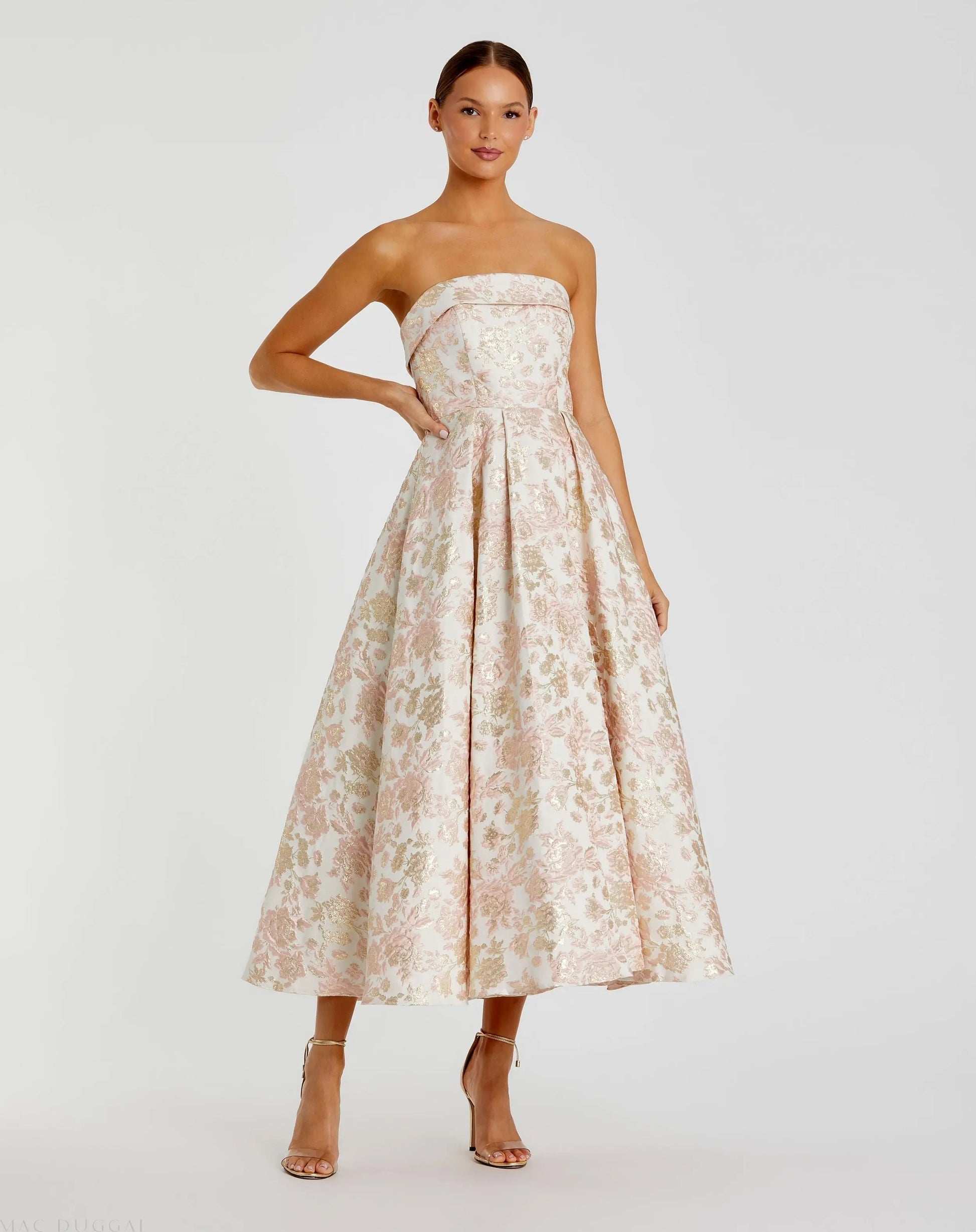 Pink and White Strapless Floral Brocade A Line Midi Dress | Mac Duggal Pink and White Strapless Floral Brocade A Line Midi Dress | Mac Duggal