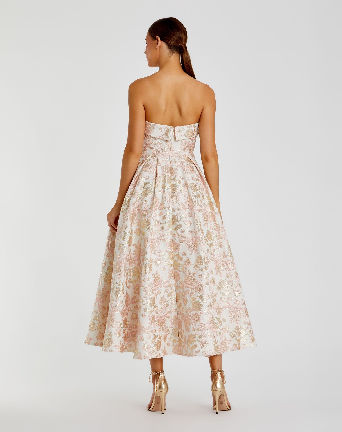 Strapless Floral Brocade A Line Midi Dress