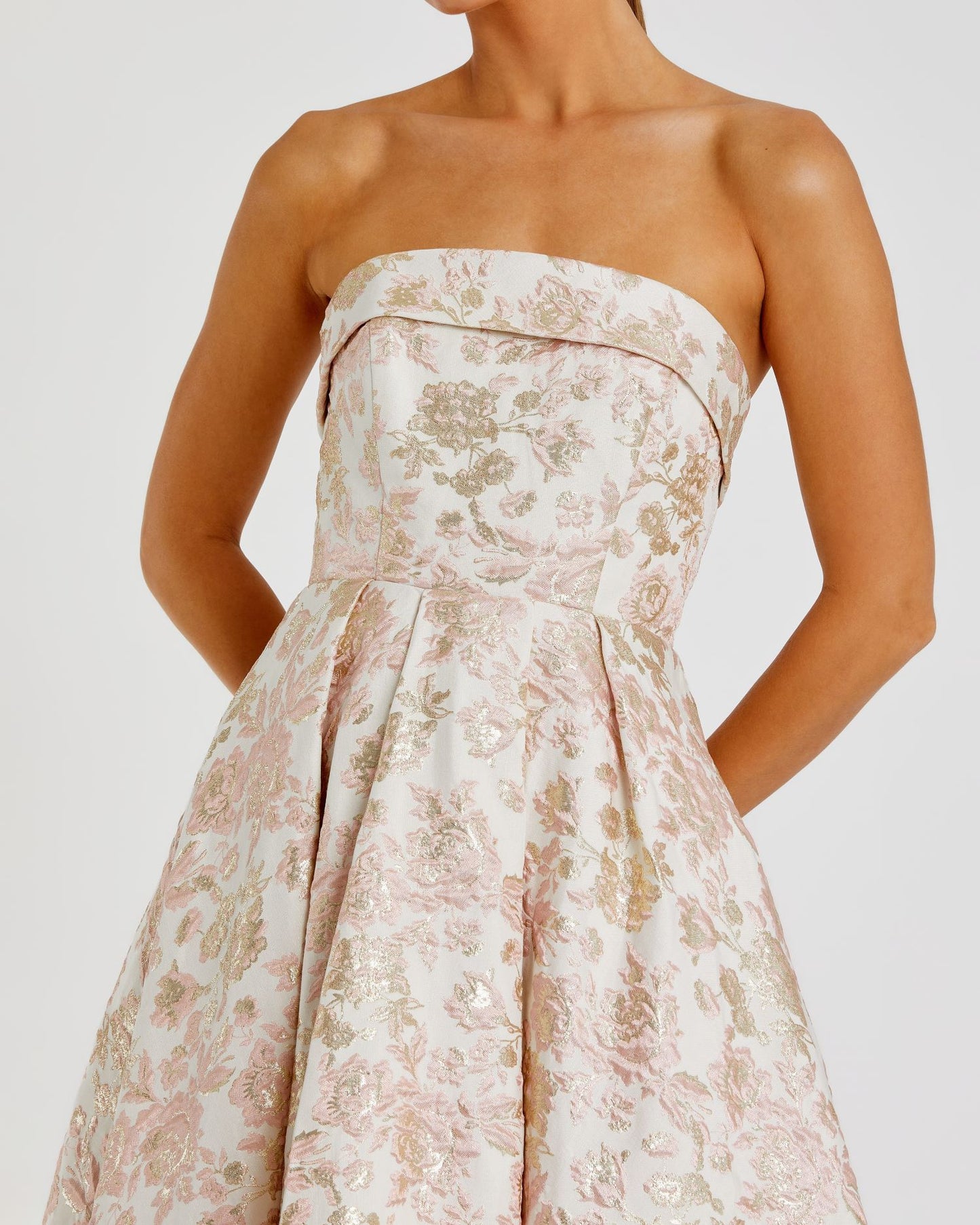 Strapless Floral Brocade A Line Midi Dress