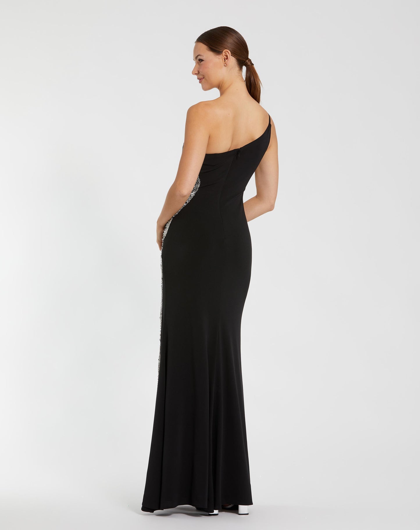 Black One Shoulder Jersey Gown With Embellished Cut Out