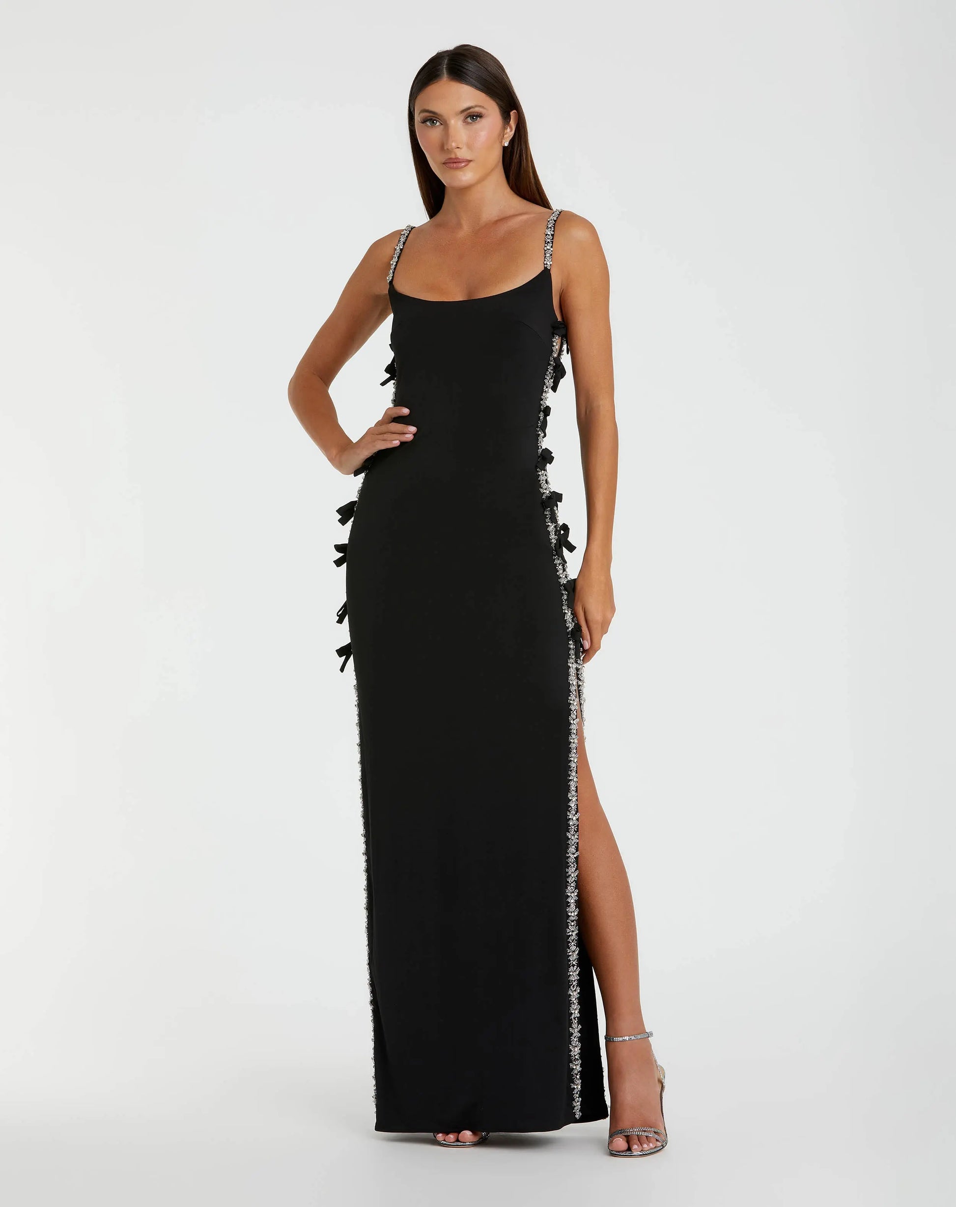 Black Thin Strap Jersey Gown With Bow Details - Mac Duggal