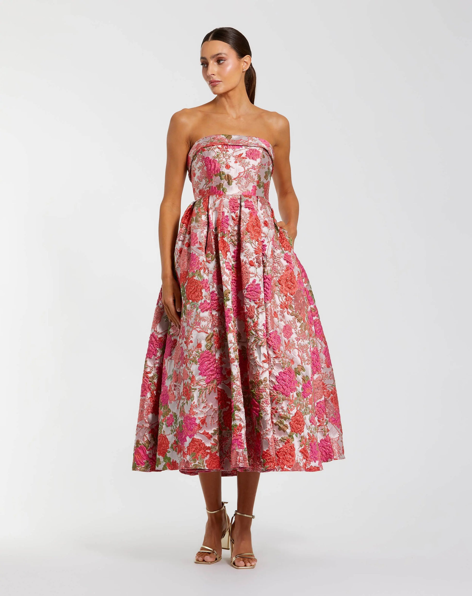 Mac Duggal Floral Brocade A-Line Midi Dress - Pink Multi Mac Duggal Floral Brocade A-Line Midi Dress - Pink Multi