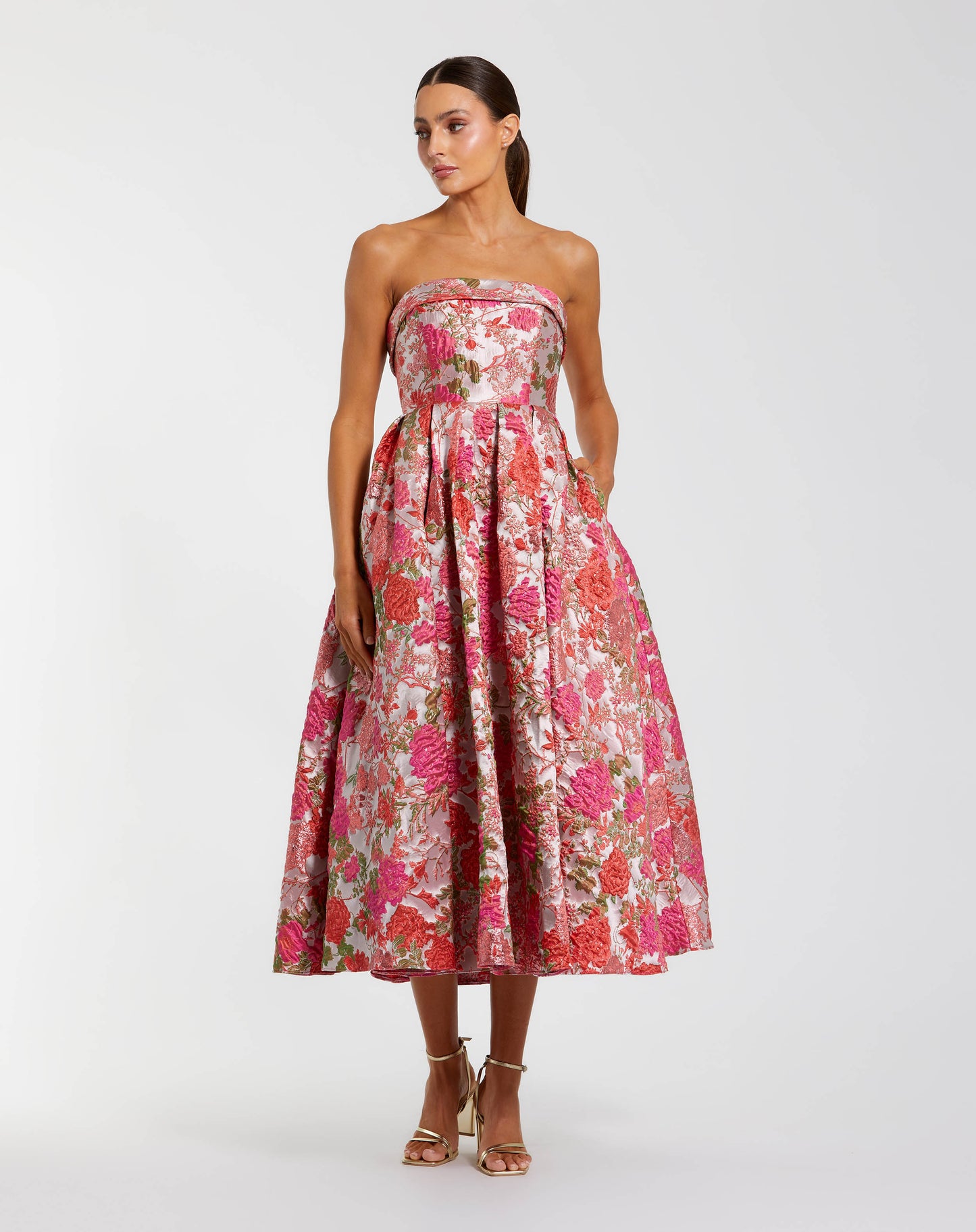 Pink Floral Brocade Strapless A Line Midi Dress - Ieena for Mac Duggal