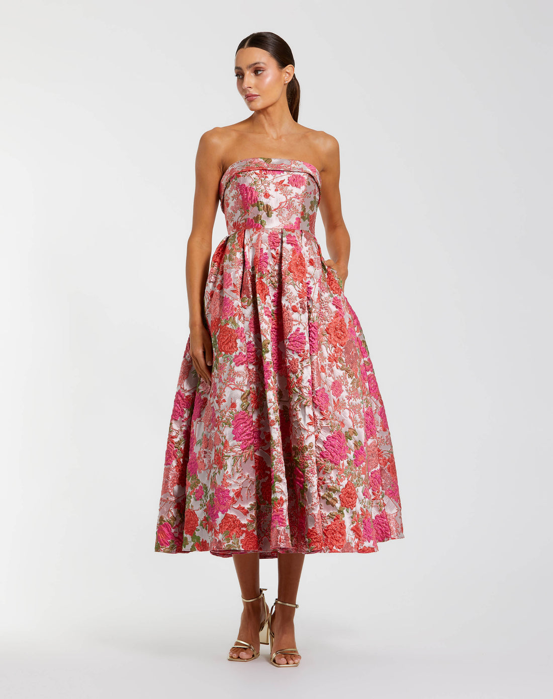 Pink Floral Brocade Strapless A Line Midi Dress - Ieena for Mac Duggal