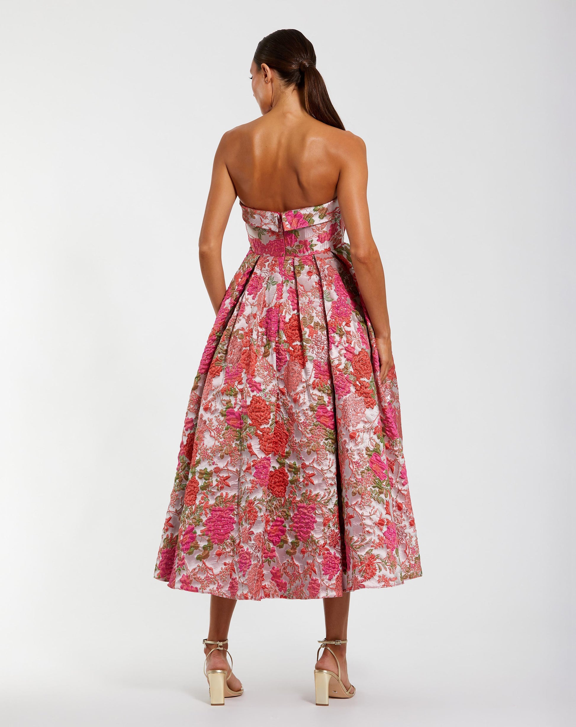 Pink Floral Brocade Strapless A Line Midi Dress - Ieena for Mac Duggal