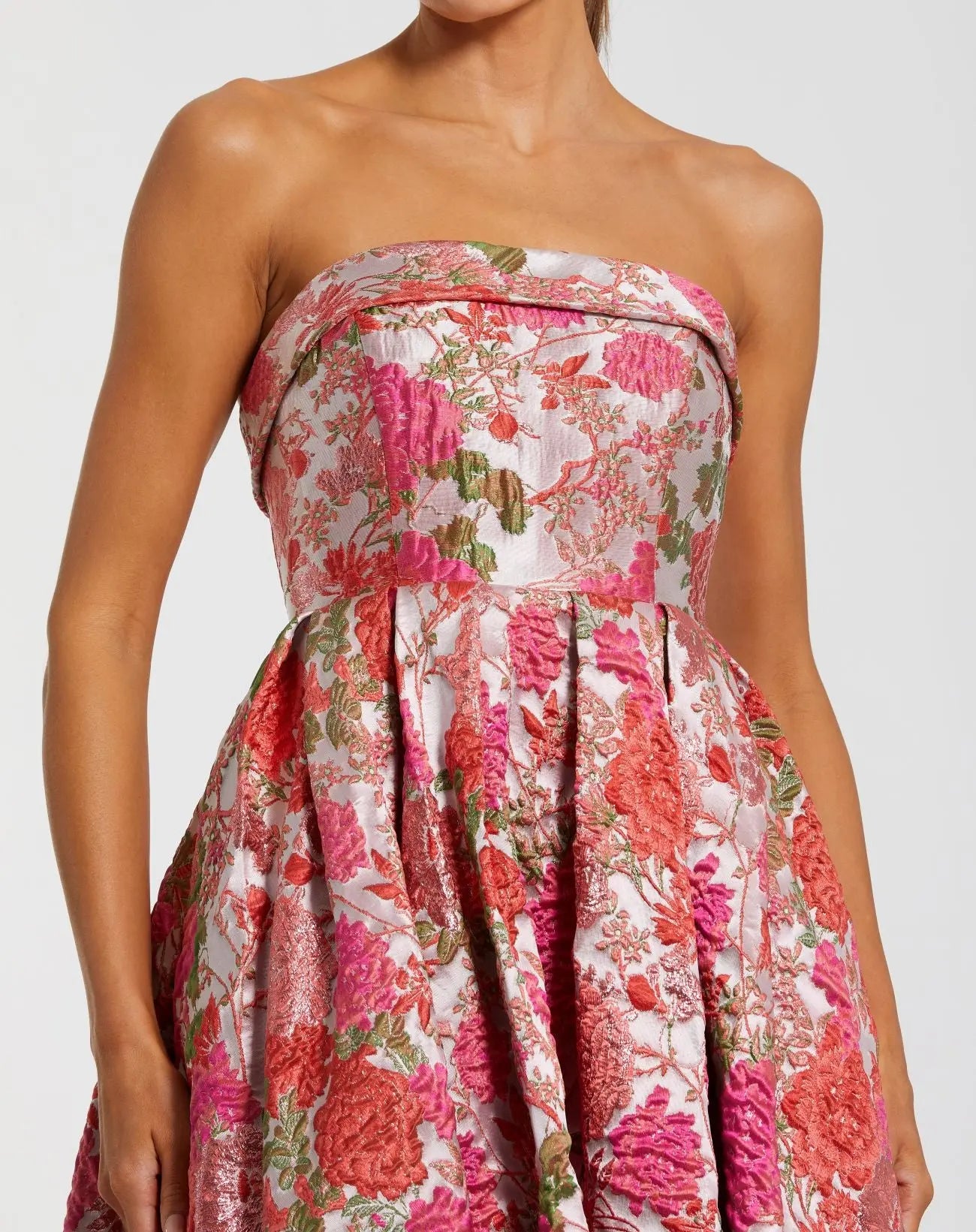 Pink Floral Brocade Strapless A-Line Midi Dress