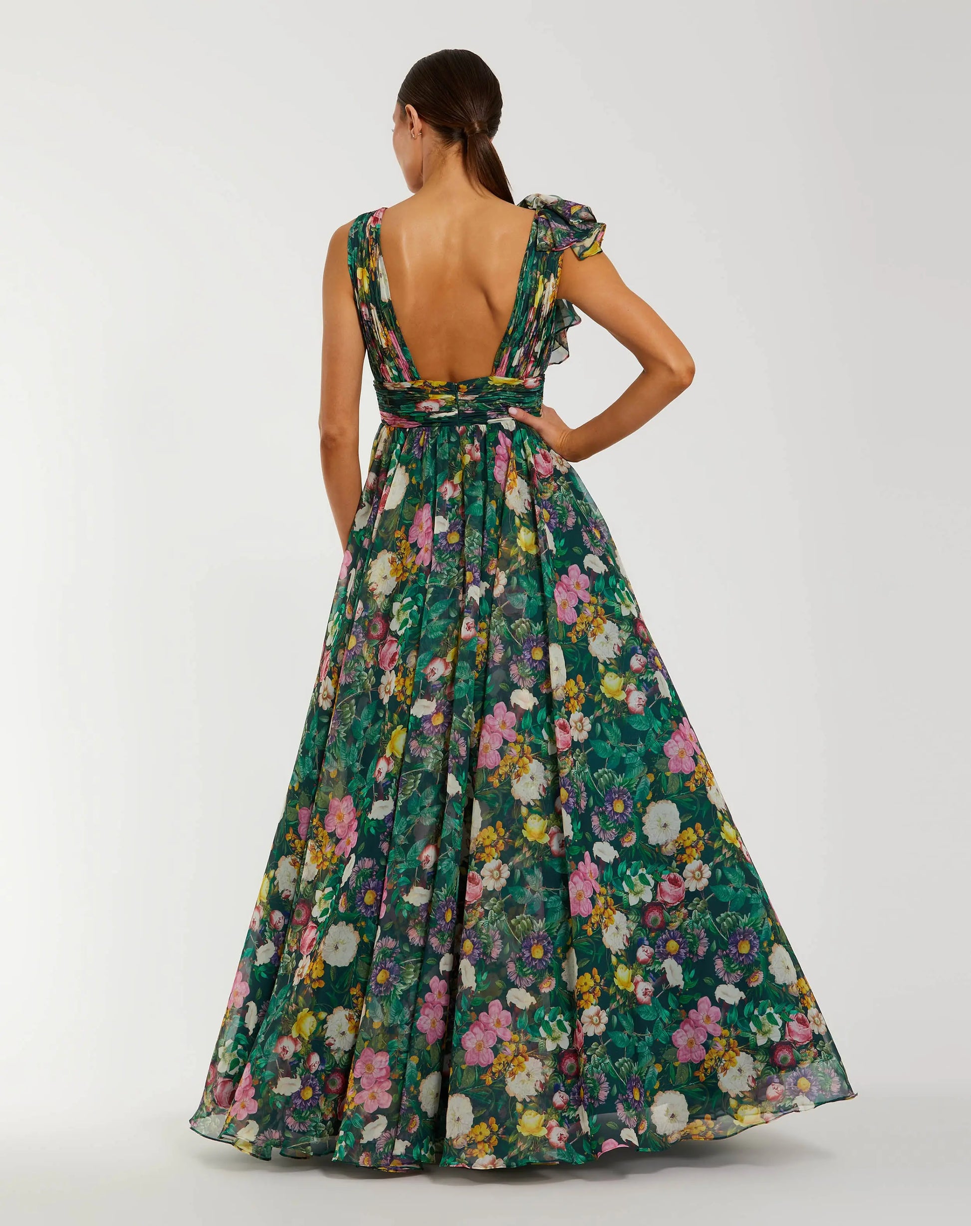 Green Sleeveless V-Neck Floral Chiffon Ruffle Ball Gown | Mac Duggal Green Sleeveless V-Neck Floral Chiffon Ruffle Ball Gown | Mac Duggal