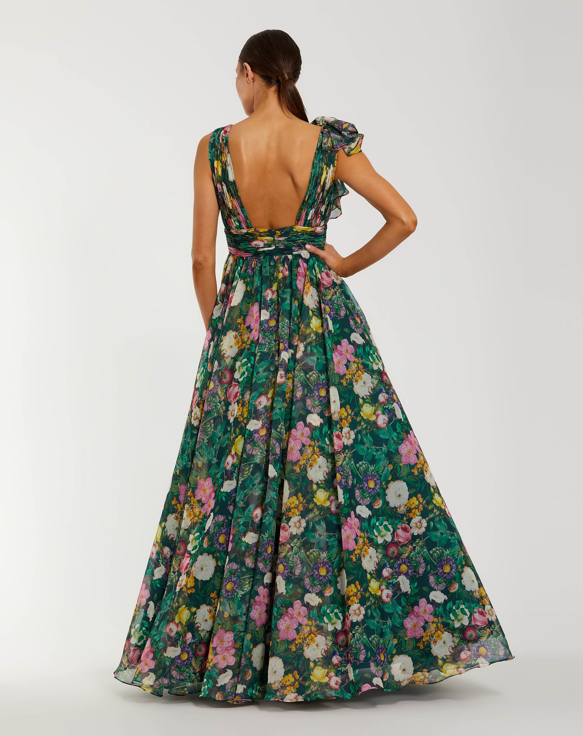 Green Multicolor Sleeveless V-Neck Printed Chiffon Ruffle Ballgown - Mac Duggal