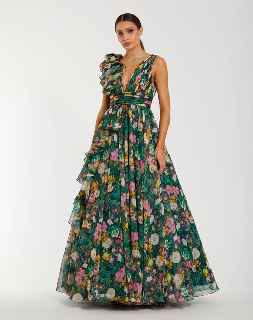 Green Multicolor Sleeveless V-Neck Printed Chiffon Ruffle Ballgown - Mac Duggal