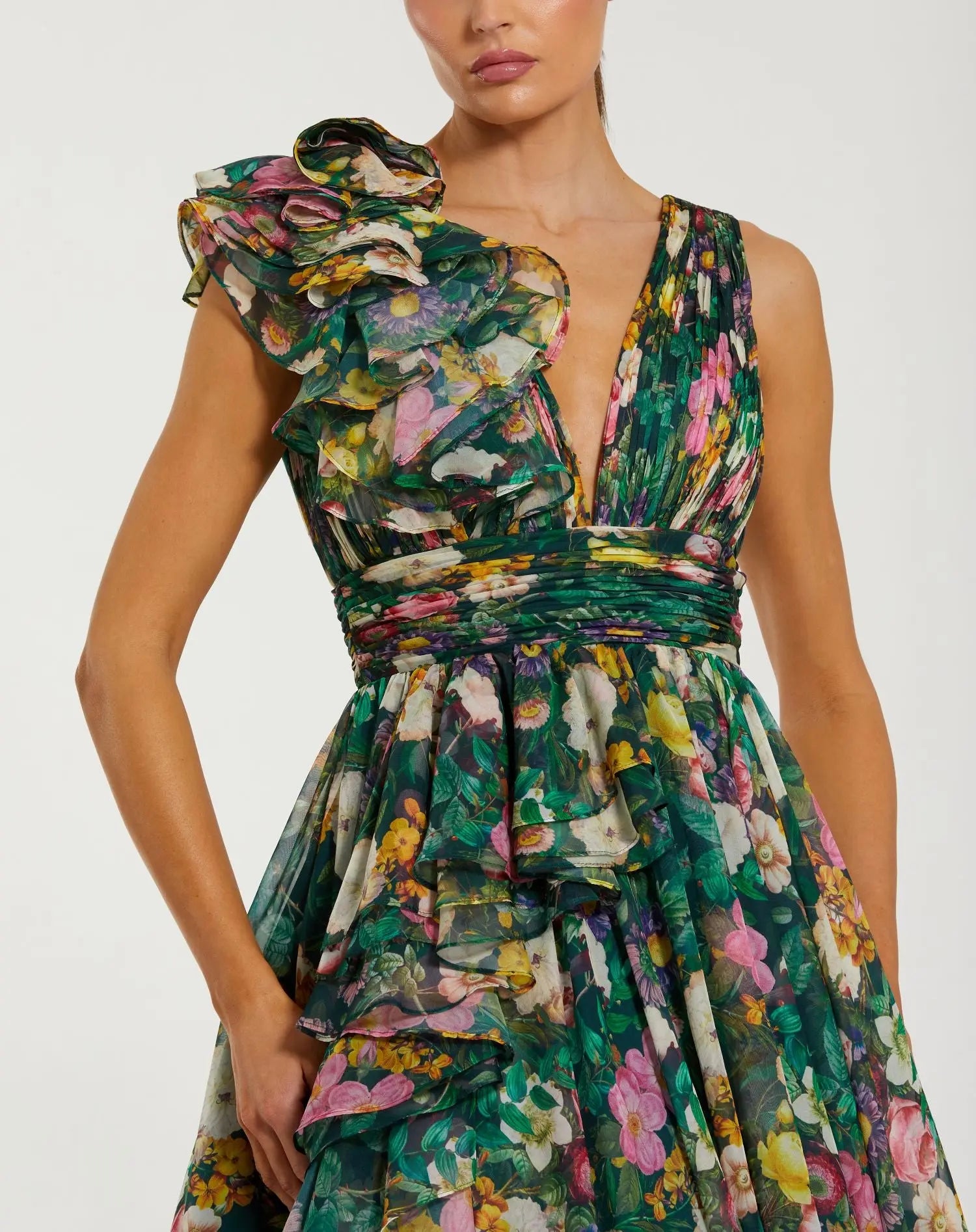 Green Multicolor Sleeveless V-Neck Printed Chiffon Ruffle Ballgown - Mac Duggal