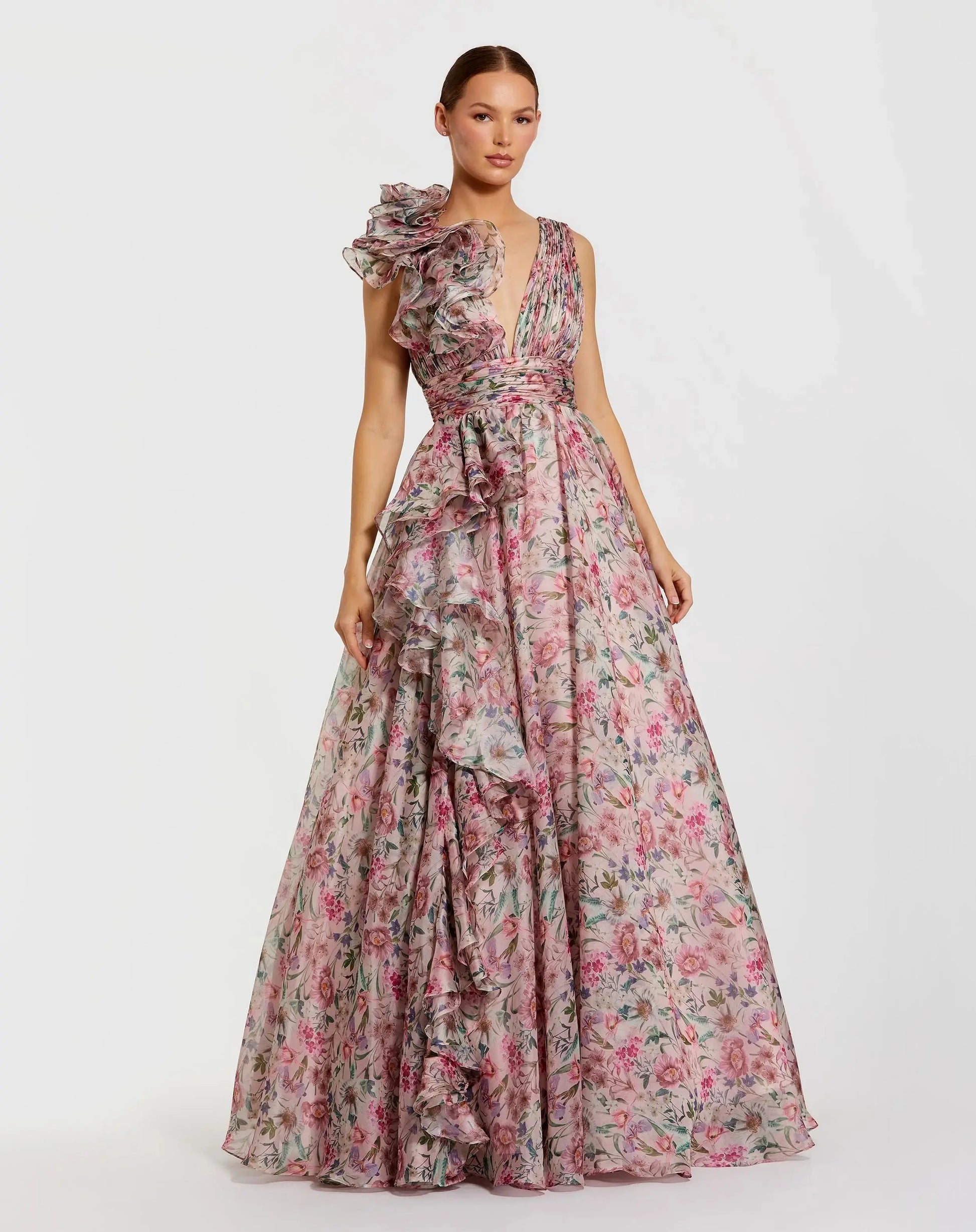Mac Duggal - Pink Sleeveless V-Neck Floral Chiffon Ruffle Ball Gown - US 6 Mac Duggal - Pink Sleeveless V-Neck Floral Chiffon Ruffle Ball Gown - US 6