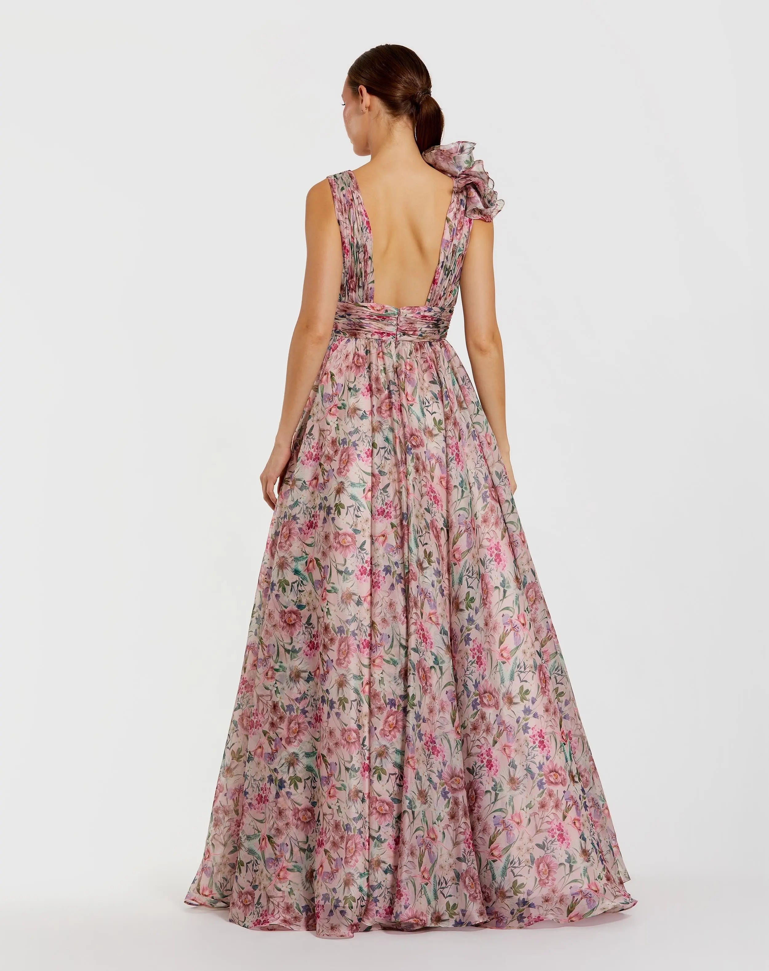 Pink Ruffle Shoulder V-Neck Printed Chiffon Gown - Mac Duggal