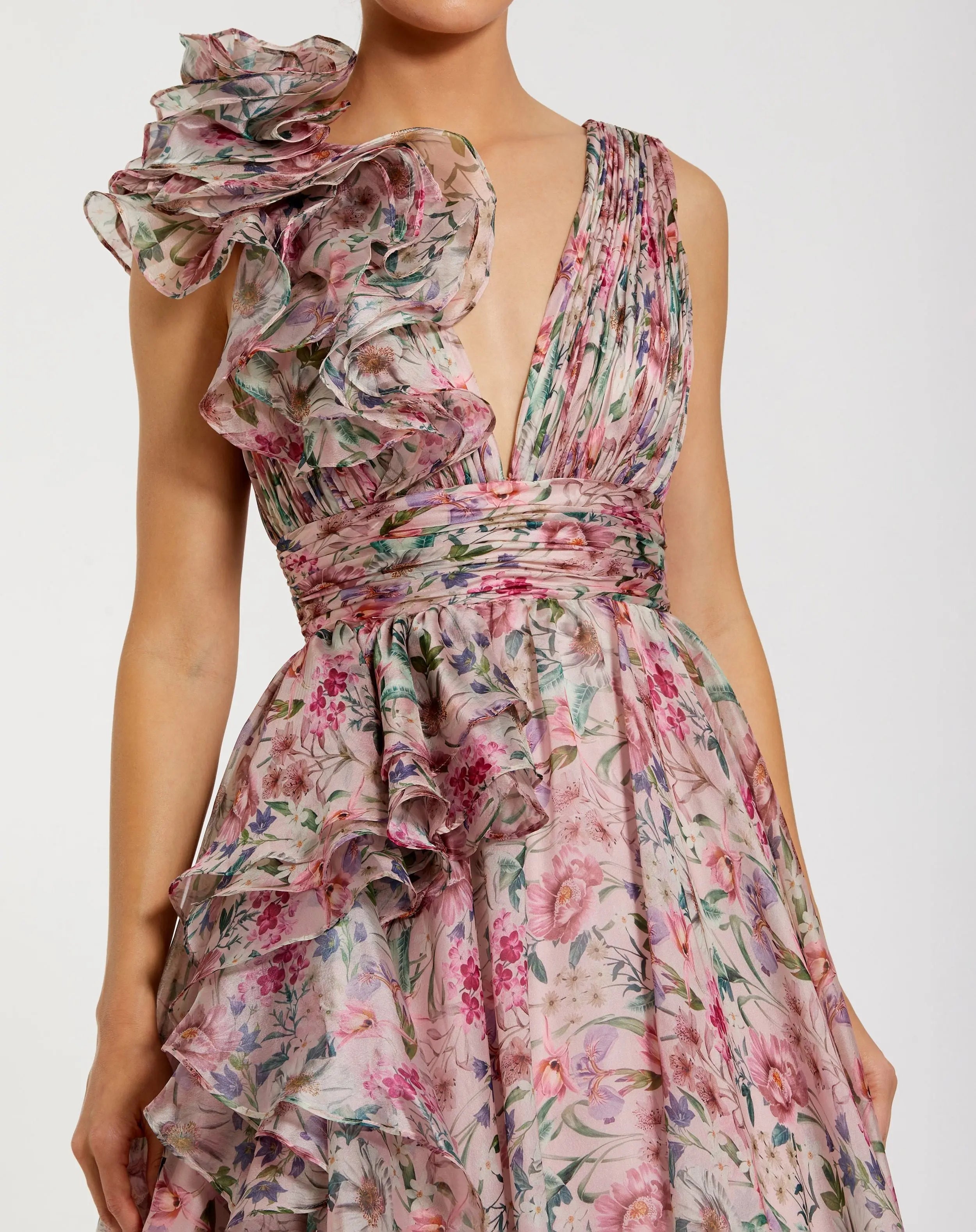 Pink Ruffle Shoulder V-Neck Printed Chiffon Gown - Mac Duggal