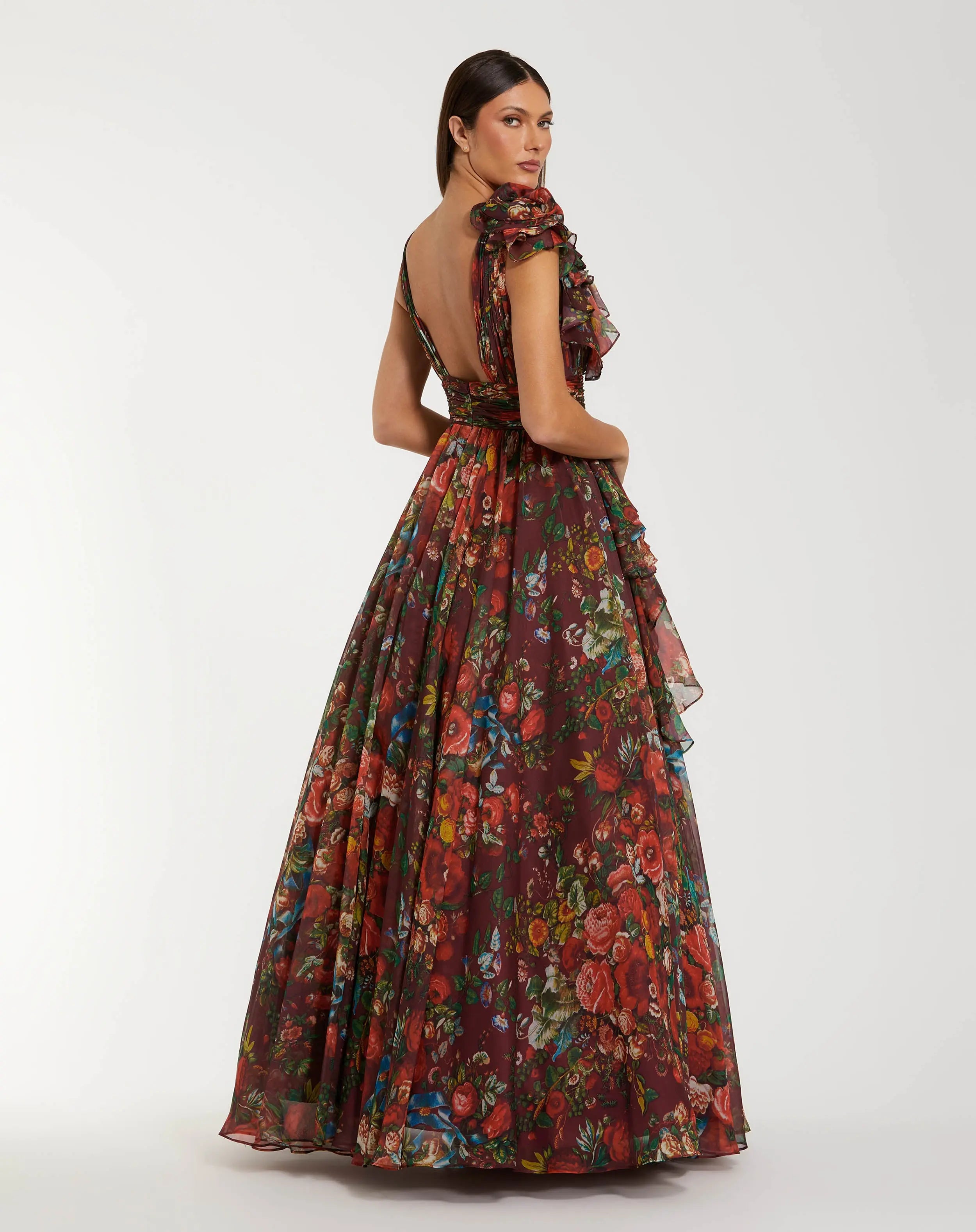 Wine Sleeveless V-Neck Floral Chiffon Ruffle Ball Gown - Mac Duggal