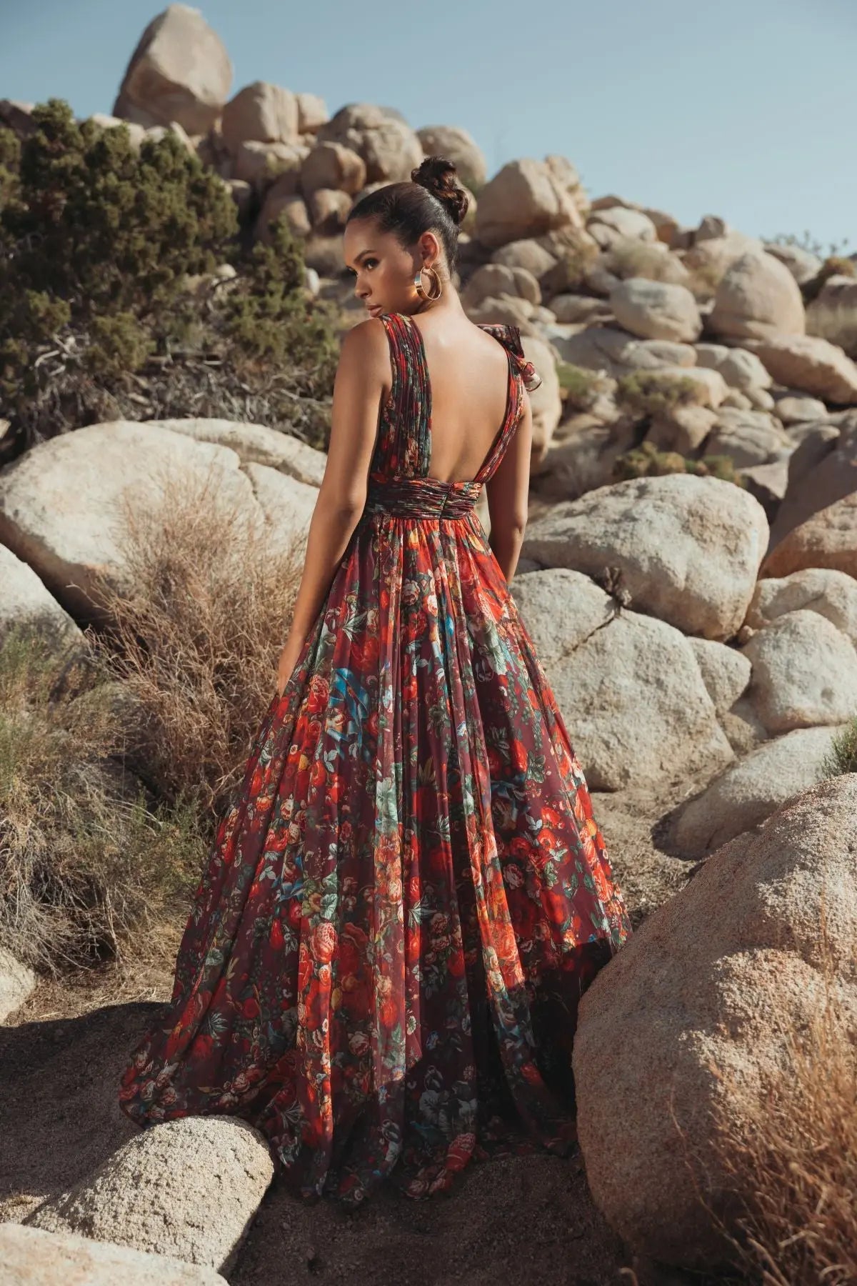 Wine Sleeveless V-Neck Floral Chiffon Ruffle Ball Gown - Mac Duggal