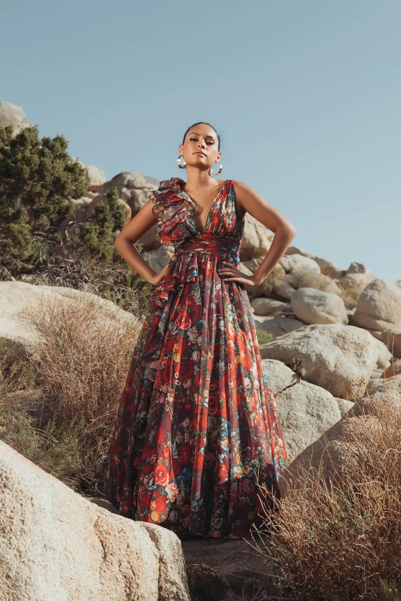 Wine Sleeveless V-Neck Floral Chiffon Ruffle Ball Gown - Mac Duggal