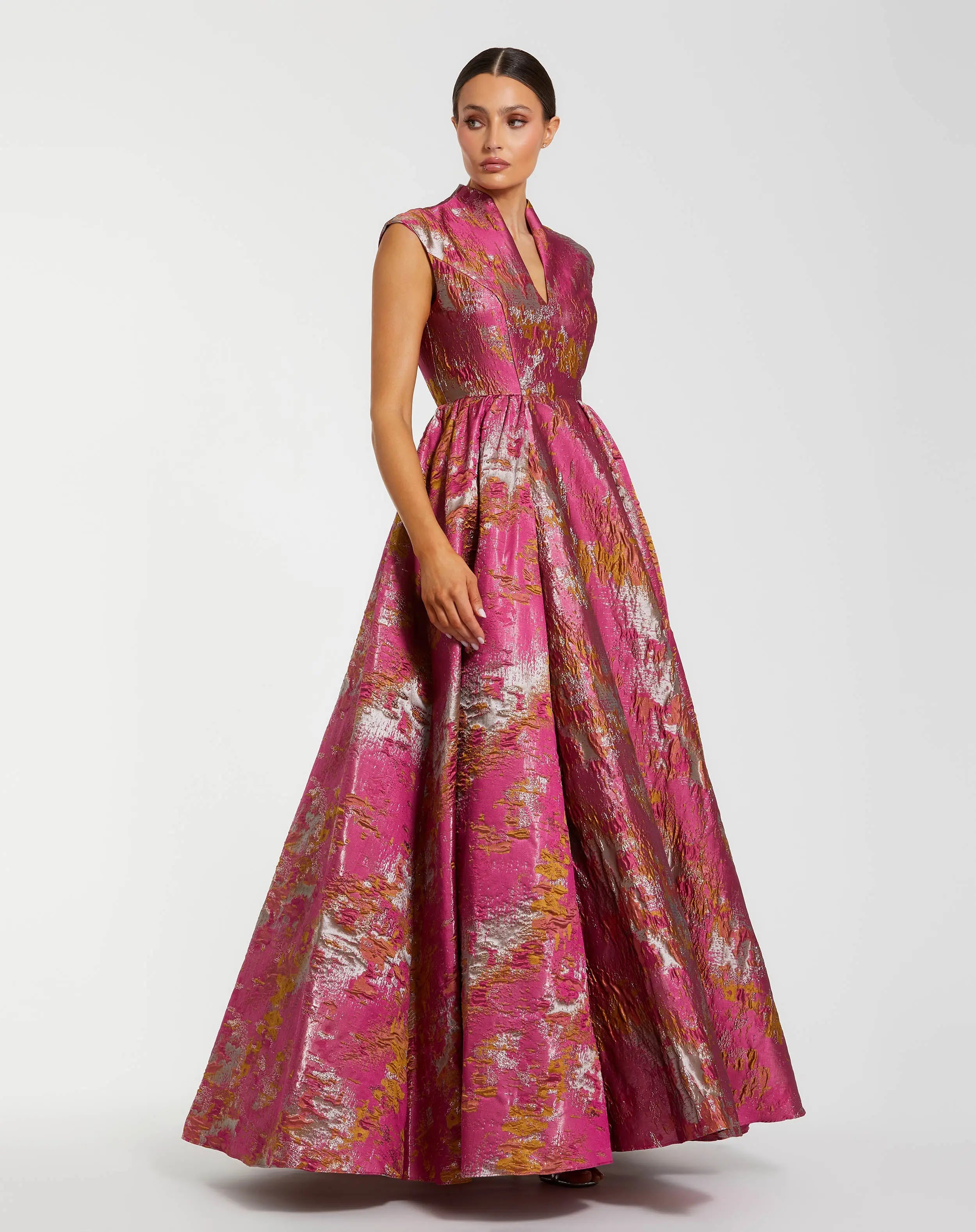 Pink Metallic Jacquard Ball Gown with Mandarin Collar and Cap Sleeves - Mac Duggal