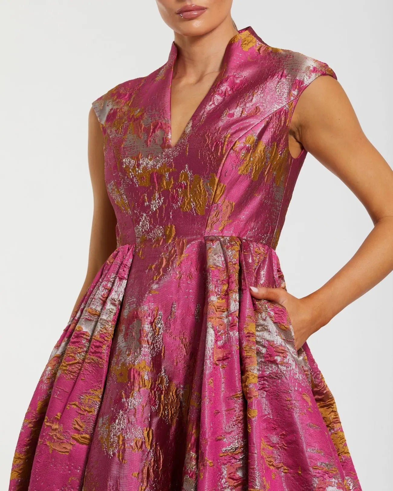 Pink Metallic Jacquard Ball Gown with Mandarin Collar and Cap Sleeves Mac Duggal